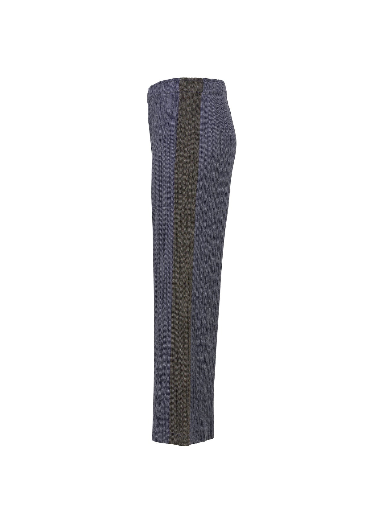 Zoomed view Side view of PLEATS PLEASE ISSEY MIYAKE COTTON DENIM straight pants, blue and gray with a ribbed texture and vertical dark outer stripe, shown on a white background.