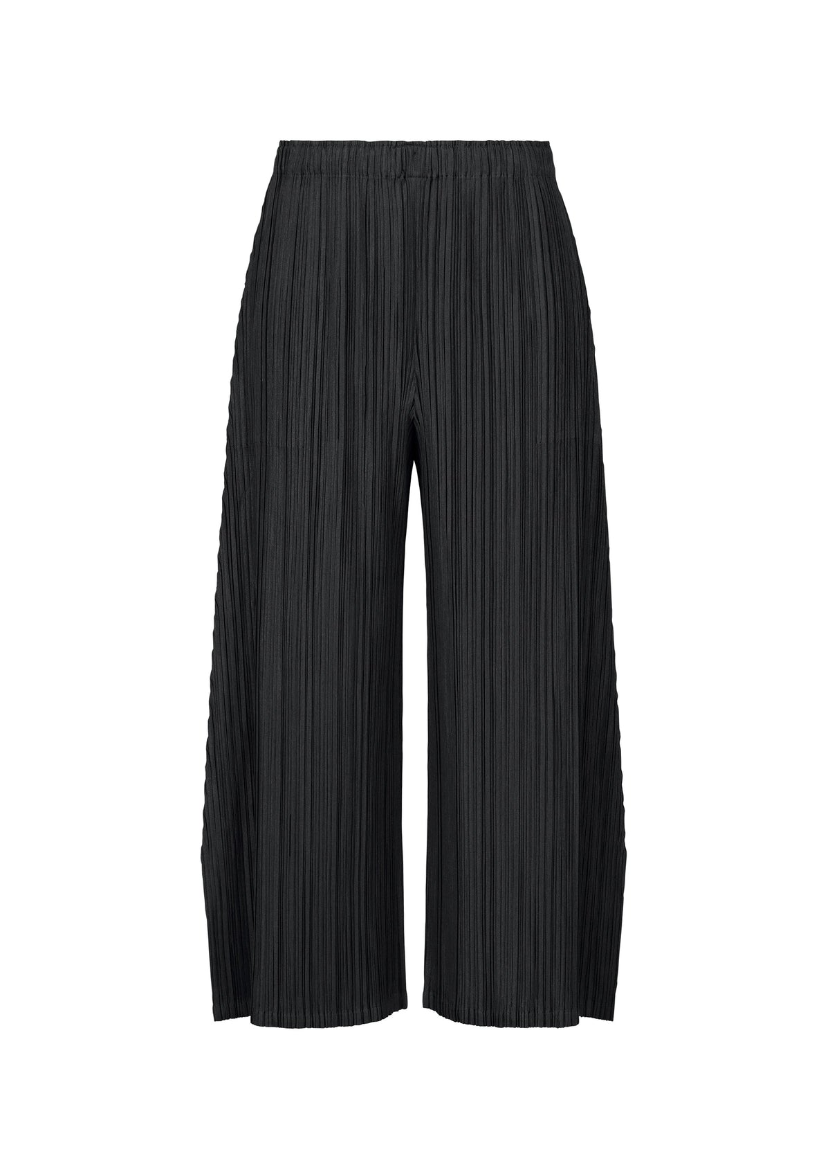 Front-facing on a white background, the MELLOW PLEATS pants by PLEATS PLEASE ISSEY MIYAKE are crafted from a mid-weight, soft-textured fabric in black. These wide-leg pants feature an elastic waistband and textured vertical pleats for a flowy, relaxed look. view 1 of 9