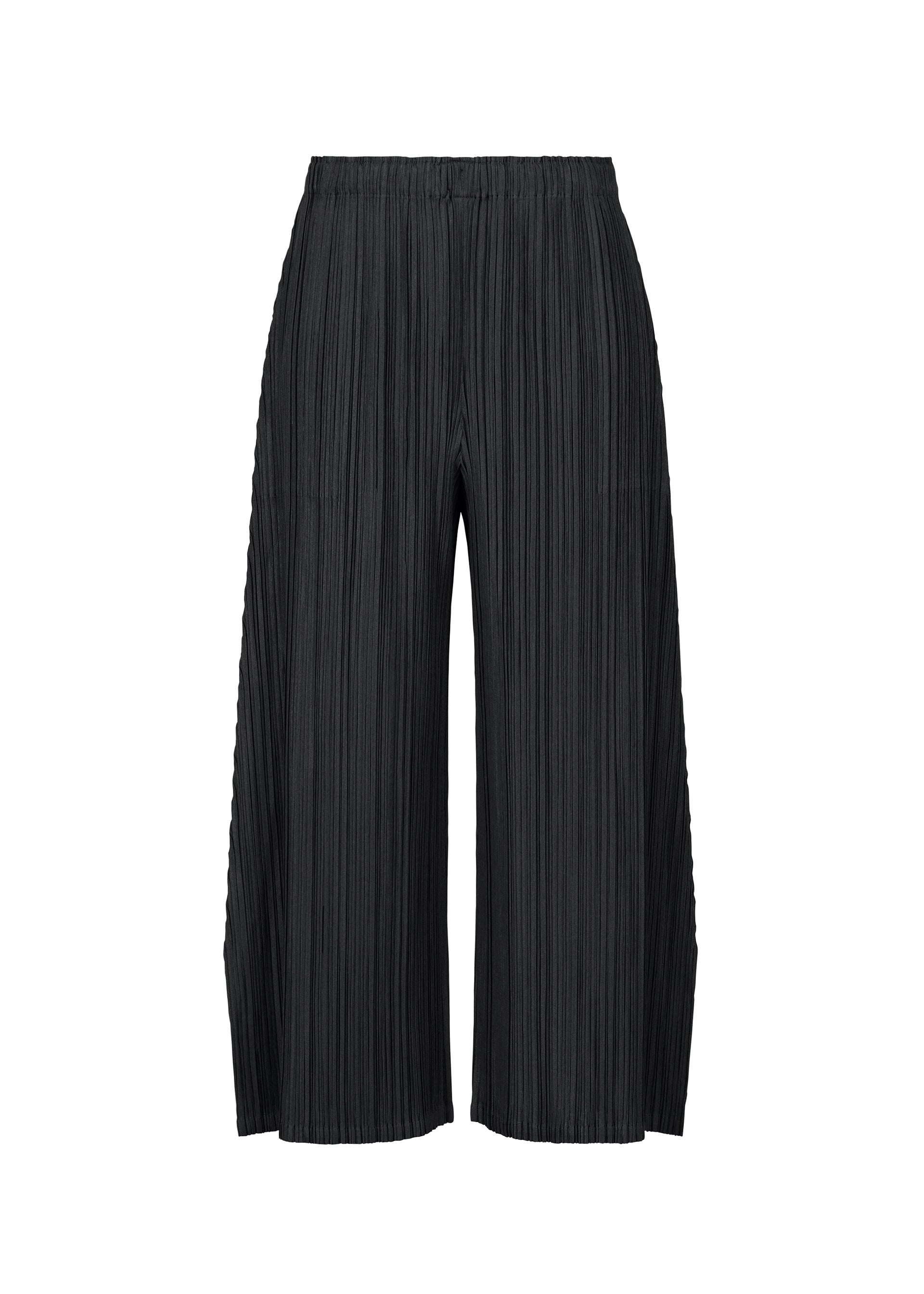 Zoomed view Front-facing on a white background, the MELLOW PLEATS pants by PLEATS PLEASE ISSEY MIYAKE are crafted from a mid-weight, soft-textured fabric in black. These wide-leg pants feature an elastic waistband and textured vertical pleats for a flowy, relaxed look. - BLACK （no.15）