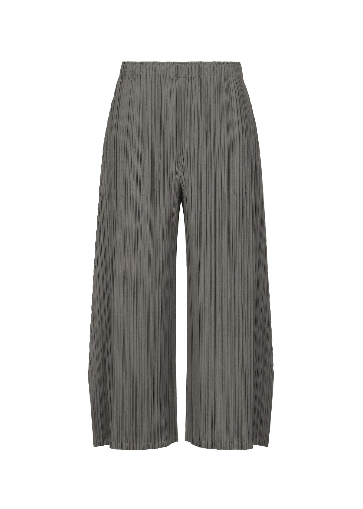 MELLOW PLEATS pants by PLEATS PLEASE ISSEY MIYAKE, shown on a white background, feature a wide-leg, cropped silhouette with an elastic waistband. Crafted from soft mid-weight fabric, these loose-fitting gray pants are distinguished by their vertical textured pleats and flared shape. view 2 of 9