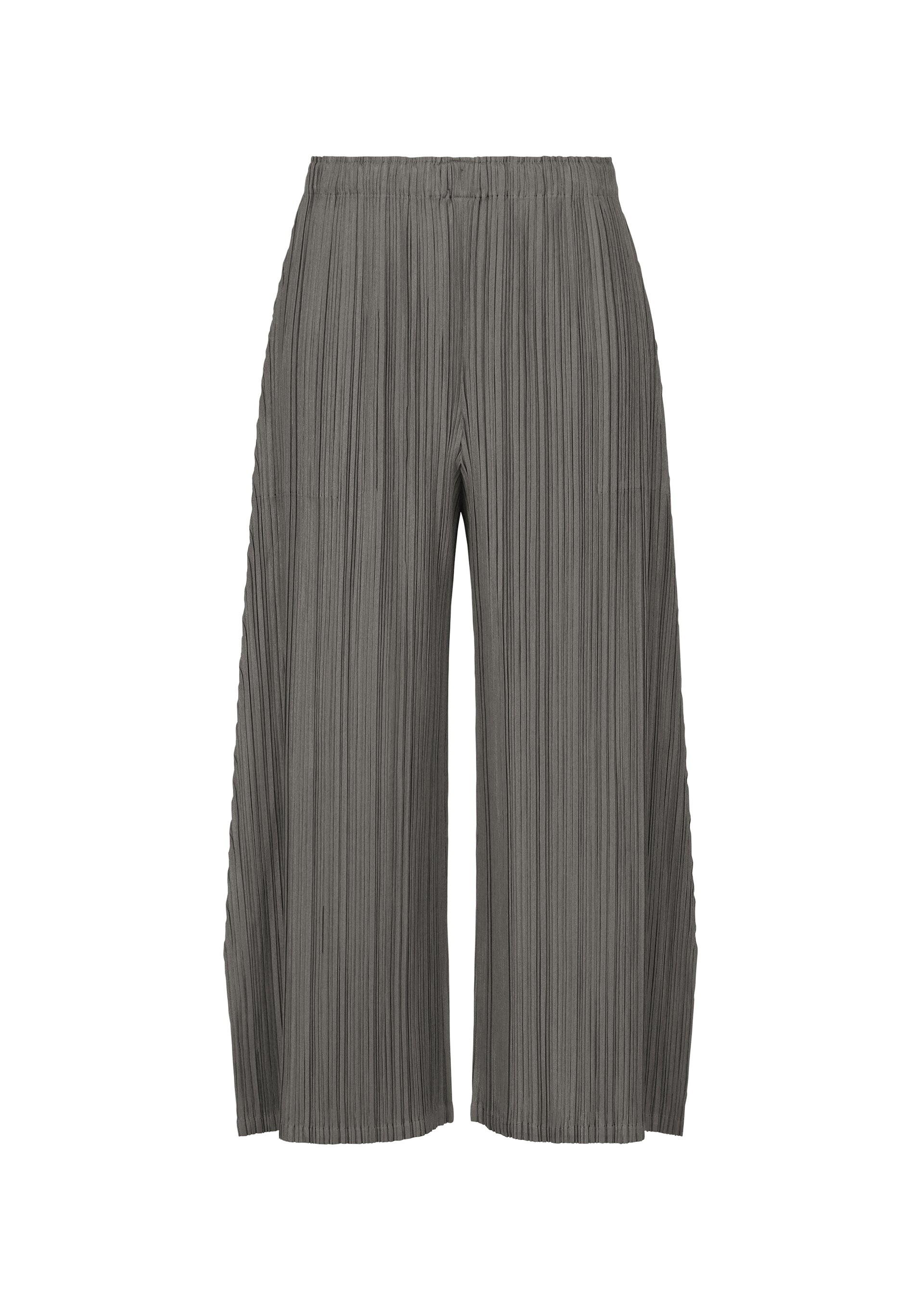 Zoomed view MELLOW PLEATS pants by PLEATS PLEASE ISSEY MIYAKE, shown on a white background, feature a wide-leg, cropped silhouette with an elastic waistband. Crafted from soft mid-weight fabric, these loose-fitting gray pants are distinguished by their vertical textured pleats and flared shape. - CHARCOAL （no.17）