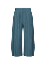 MELLOW PLEATS by PLEATS PLEASE ISSEY MIYAKE are teal wide-leg pleated pants, crafted from a soft-textured, mid-weight fabric with an elastic waistband, displayed against a white background. - CERULEAN BLUE （no.53）