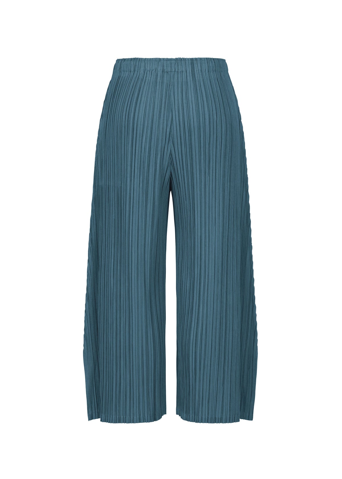 The MELLOW PLEATS pants by PLEATS PLEASE ISSEY MIYAKE are wide-leg, teal-colored trousers crafted from a soft-textured, mid-weight fabric with an elastic waistband, showcased against a plain white background. view 4 of 9