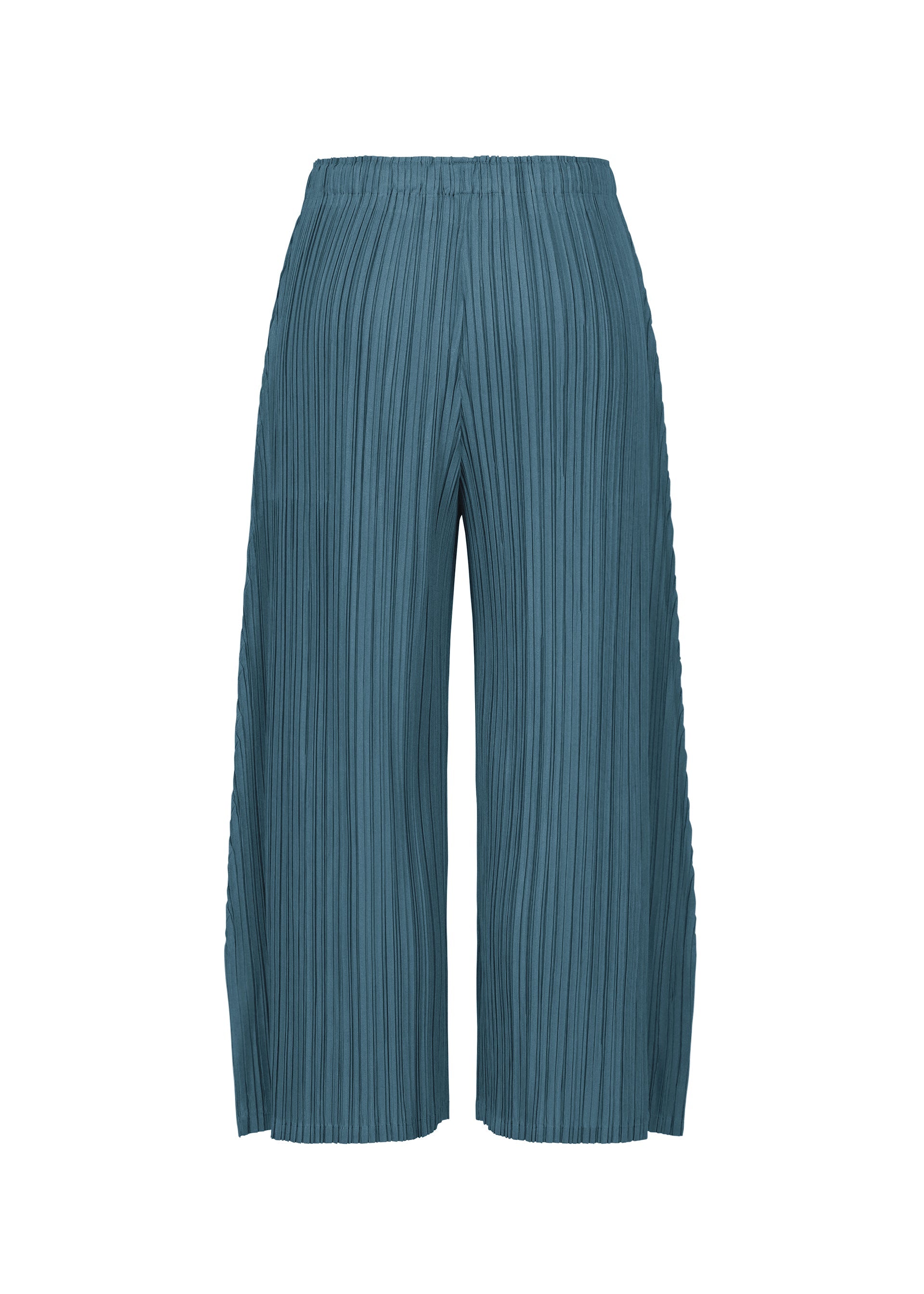 Zoomed view The MELLOW PLEATS pants by PLEATS PLEASE ISSEY MIYAKE are wide-leg, teal-colored trousers crafted from a soft-textured, mid-weight fabric with an elastic waistband, showcased against a plain white background.