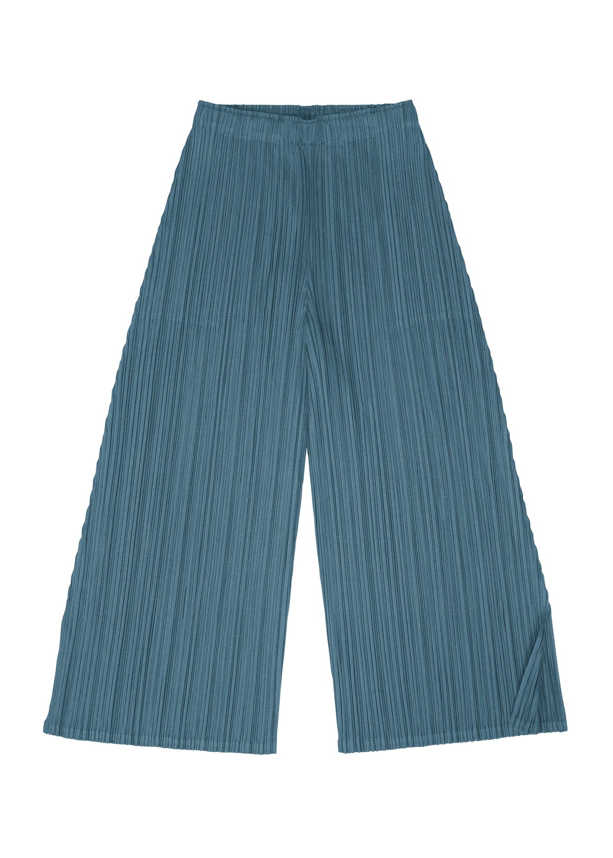 The MELLOW PLEATS pants by PLEATS PLEASE ISSEY MIYAKE, shown laid flat on a white background, feature wide legs and flared, slightly cropped hems. Designed with an elastic waistband, these teal pants are crafted from soft-textured ribbed fabric for a comfortable mid-weight feel throughout. view 5 of 9