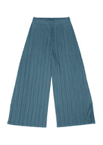 The MELLOW PLEATS pants by PLEATS PLEASE ISSEY MIYAKE, shown laid flat on a white background, feature wide legs and flared, slightly cropped hems. Designed with an elastic waistband, these teal pants are crafted from soft-textured ribbed fabric for a comfortable mid-weight feel throughout.