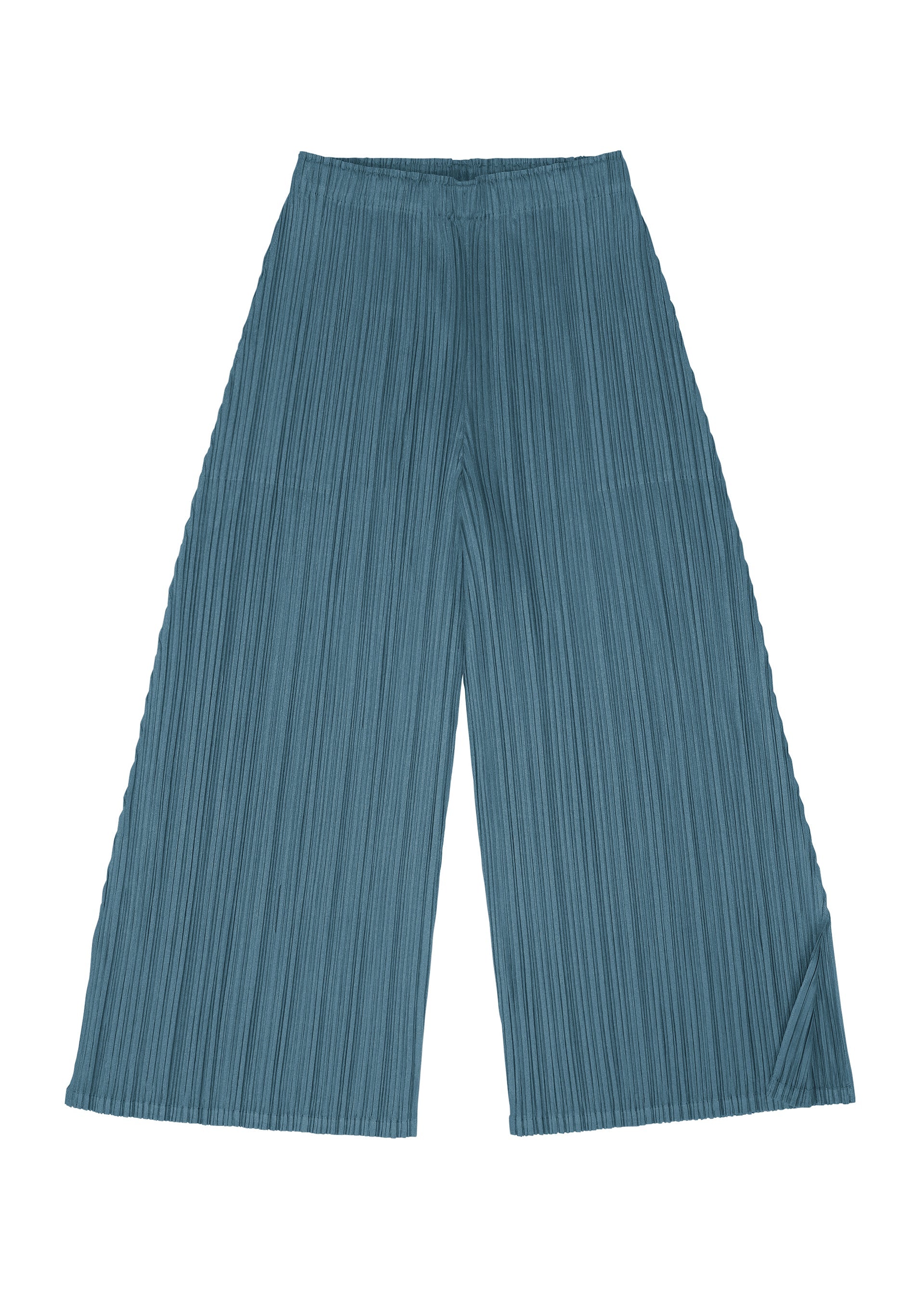 Zoomed view The MELLOW PLEATS pants by PLEATS PLEASE ISSEY MIYAKE, shown laid flat on a white background, feature wide legs and flared, slightly cropped hems. Designed with an elastic waistband, these teal pants are crafted from soft-textured ribbed fabric for a comfortable mid-weight feel throughout.
