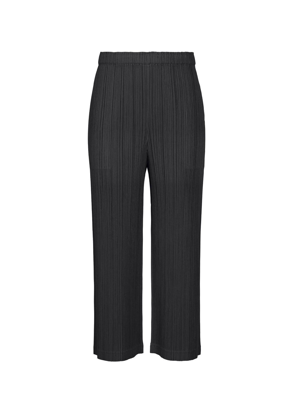 The THICKER BOTTOMS 1 by PLEATS PLEASE ISSEY MIYAKE are black, wide-leg pleated pants with an elastic waistband, ankle-length cut, and made from mid-weight fabric. Shown on a white background for a timeless look. view 1 of 10