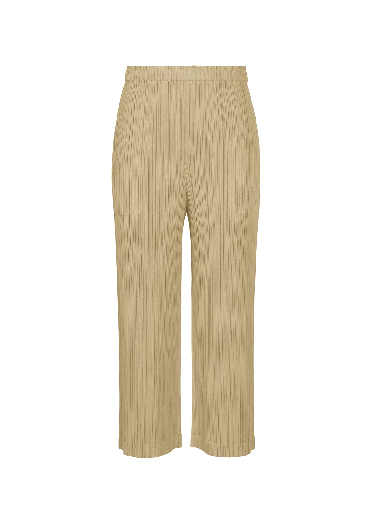 THICKER BOTTOMS 1 by PLEATS PLEASE ISSEY MIYAKE: Beige wide-leg straight pants in pleated mid-weight fabric with an elastic waistband, shown against a plain white background. view 2 of 10