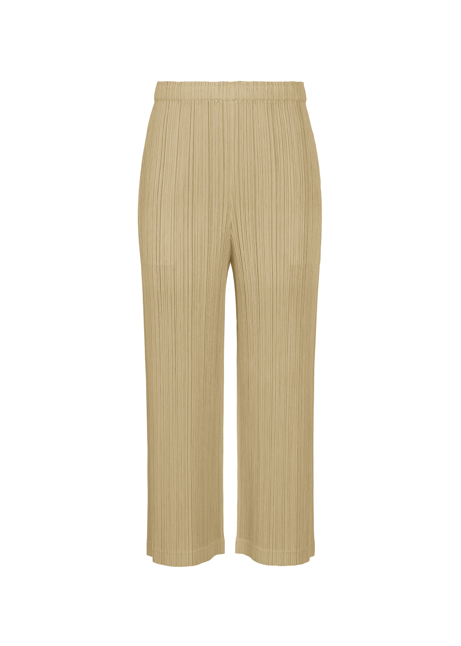 Zoomed view THICKER BOTTOMS 1 by PLEATS PLEASE ISSEY MIYAKE: Beige wide-leg straight pants in pleated mid-weight fabric with an elastic waistband, shown against a plain white background. - SAND BEIGE （no.42）