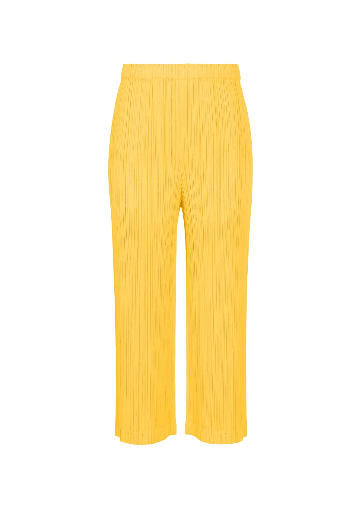 THICKER BOTTOMS 1 by PLEATS PLEASE ISSEY MIYAKE: yellow pleated wide-leg pants crafted from mid-weight fabric with an elastic waistband, shown against a white background. view 3 of 10