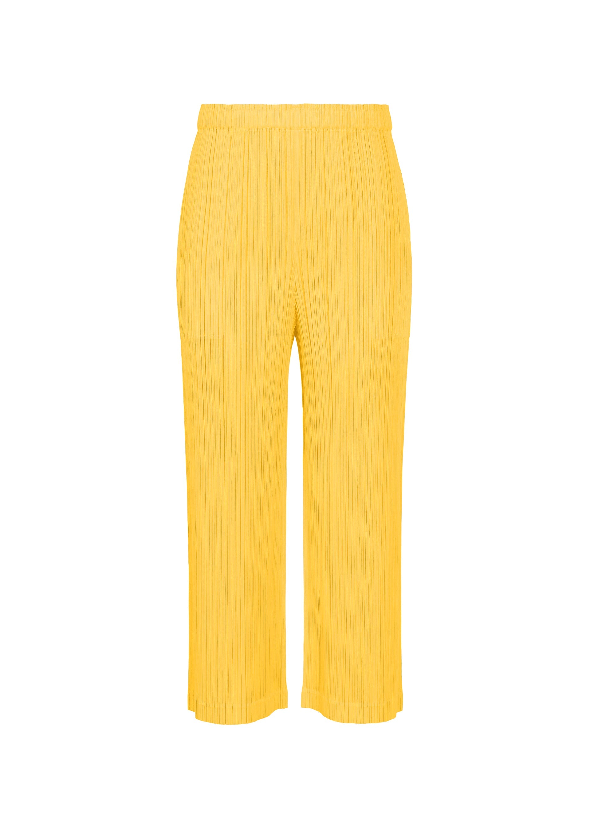 Zoomed view THICKER BOTTOMS 1 by PLEATS PLEASE ISSEY MIYAKE: yellow pleated wide-leg pants crafted from mid-weight fabric with an elastic waistband, shown against a white background. - YELLOW （no.52）