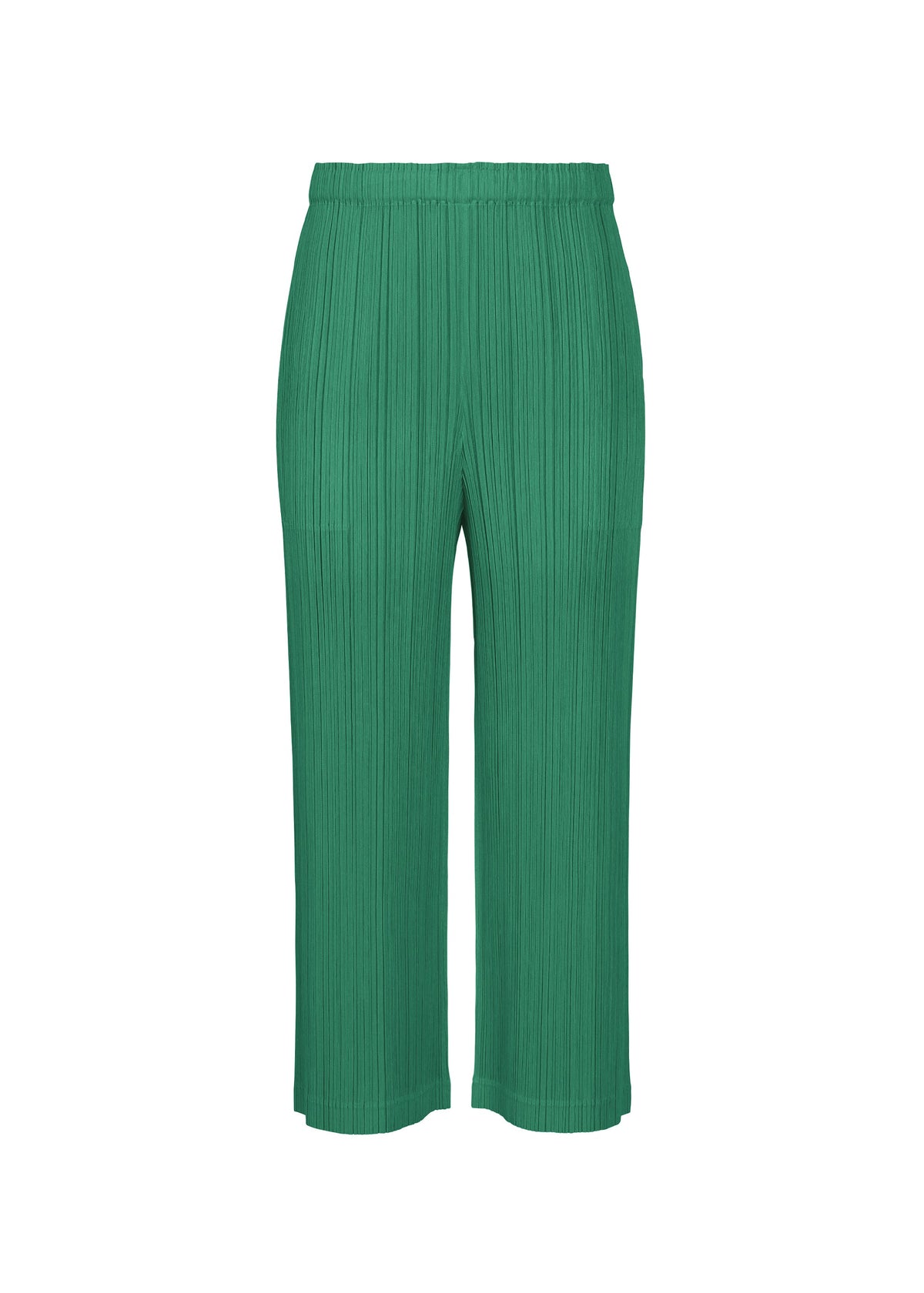 THICKER BOTTOMS 1 by PLEATS PLEASE ISSEY MIYAKE: Green pleated loose-fit straight pants in mid-weight thick fabric with an elastic waistband, shown against a white background. view 4 of 10
