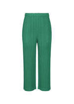 THICKER BOTTOMS 1 by PLEATS PLEASE ISSEY MIYAKE: Green pleated loose-fit straight pants in mid-weight thick fabric with an elastic waistband, shown against a white background. - FRESH GREEN （no.67）