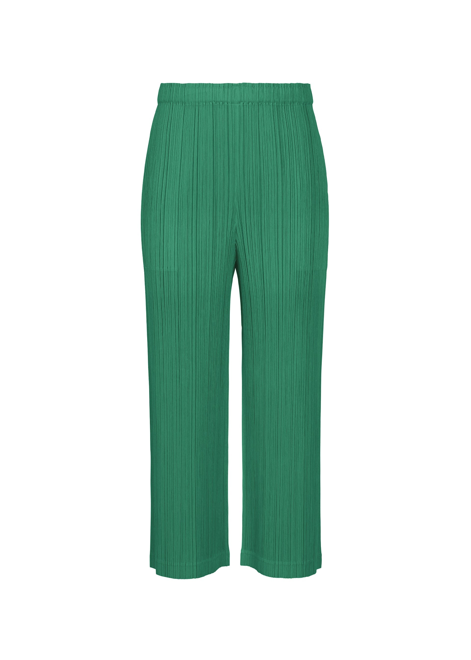 Zoomed view THICKER BOTTOMS 1 by PLEATS PLEASE ISSEY MIYAKE: Green pleated loose-fit straight pants in mid-weight thick fabric with an elastic waistband, shown against a white background. - FRESH GREEN （no.67）