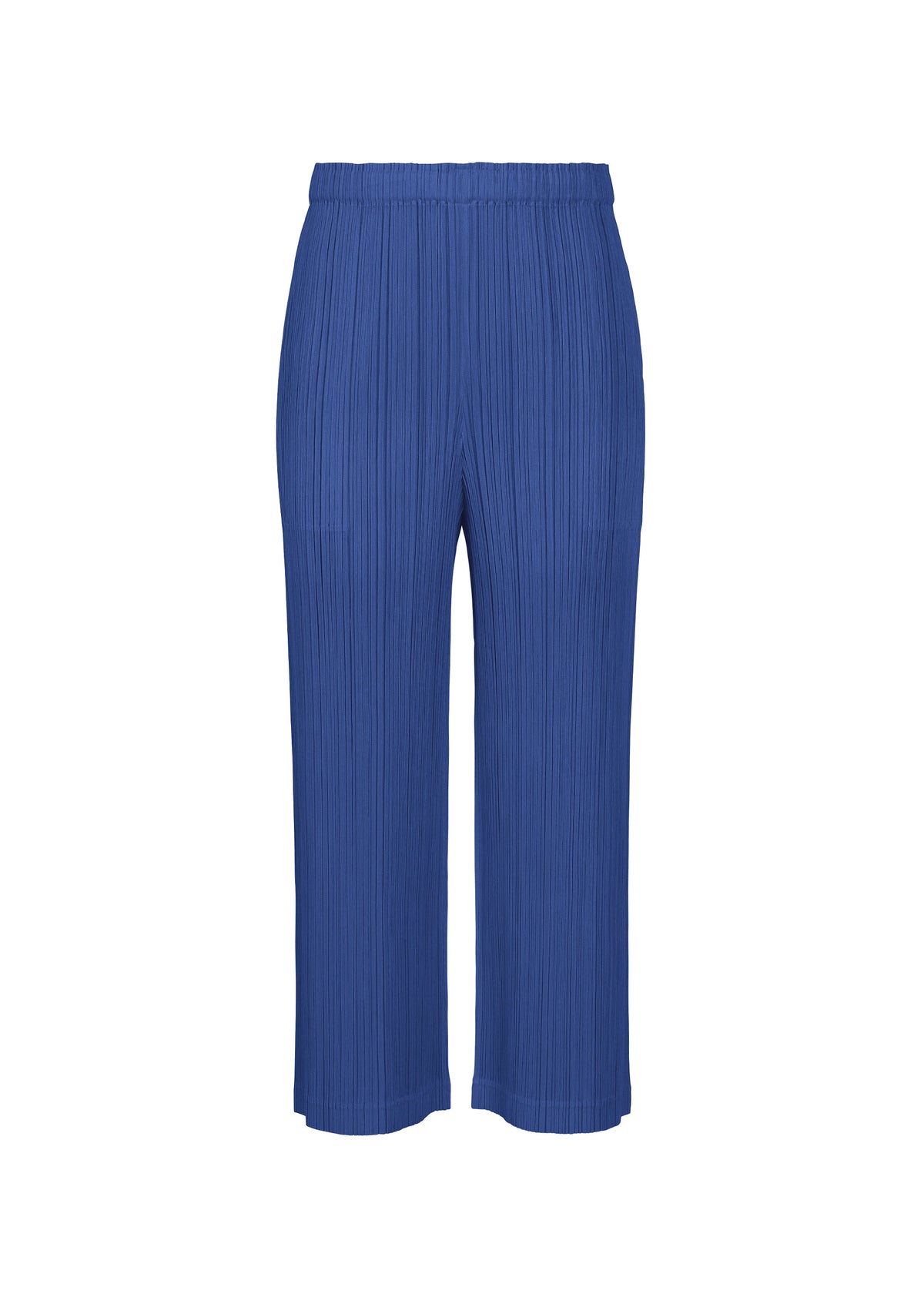 The THICKER BOTTOMS 1 by PLEATS PLEASE ISSEY MIYAKE are royal blue, mid-weight wide-leg pleated pants with an elastic waistband and thick fabric, shown against a white background. view 5 of 10