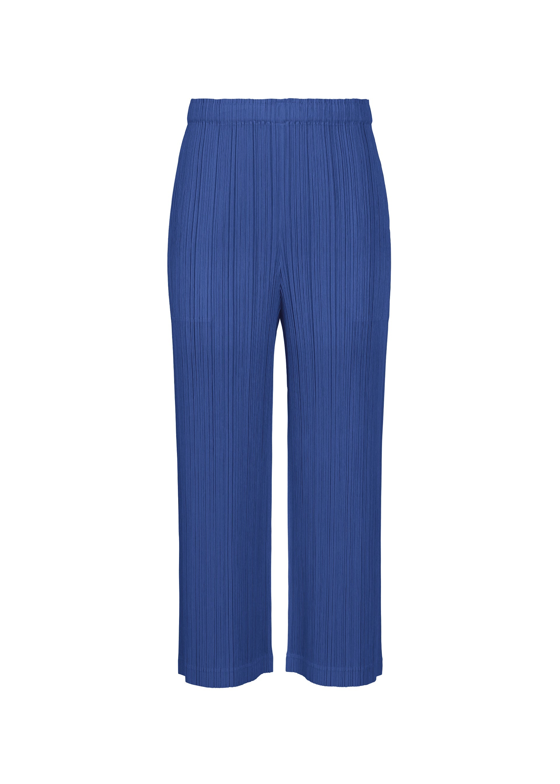 Zoomed view The THICKER BOTTOMS 1 by PLEATS PLEASE ISSEY MIYAKE are royal blue, mid-weight wide-leg pleated pants with an elastic waistband and thick fabric, shown against a white background. - BLUE （no.72）