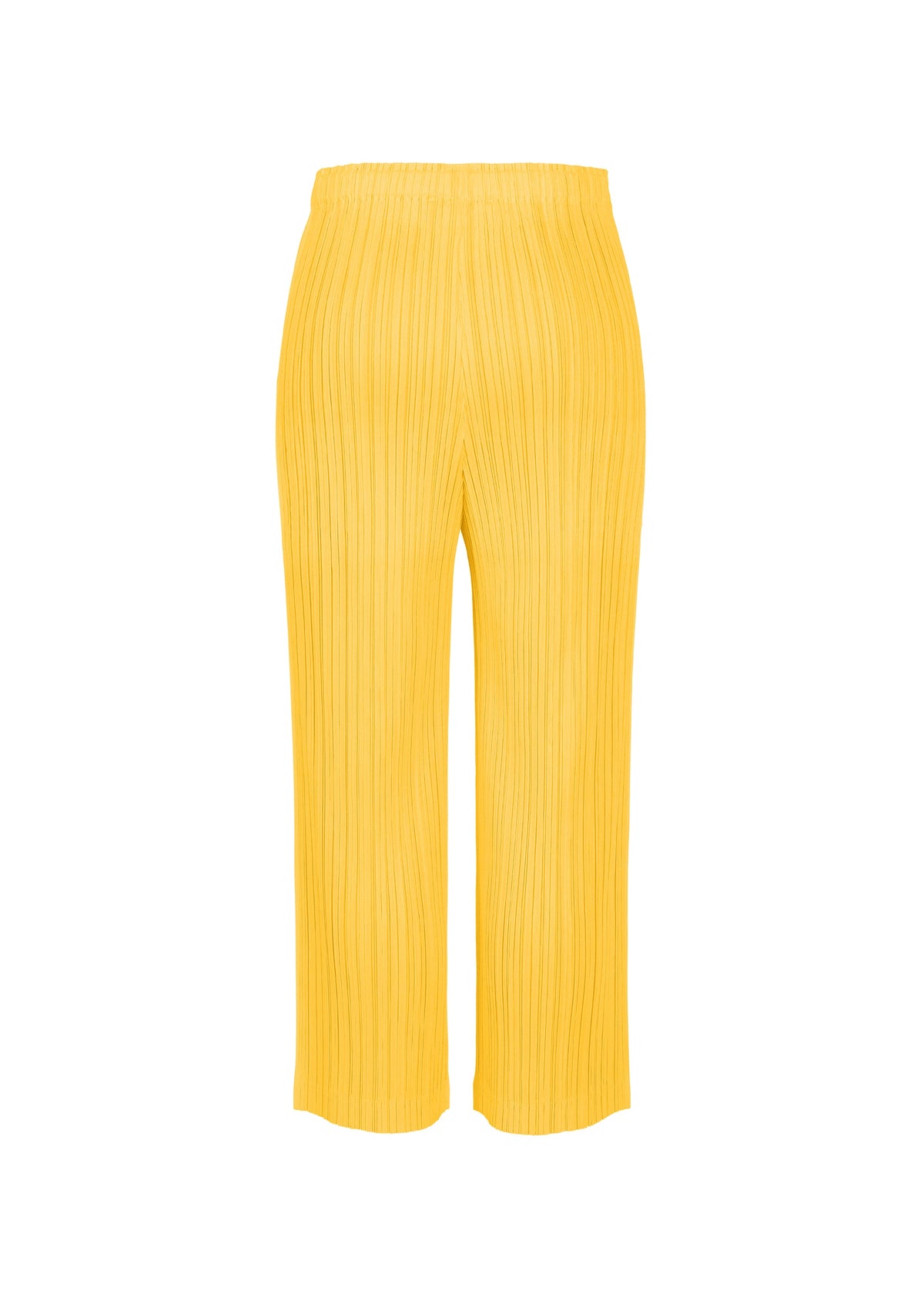 THICKER BOTTOMS 1 by PLEATS PLEASE ISSEY MIYAKE are yellow pleated wide-leg pants made from mid-weight fabric with an elastic waistband, shown against a plain white background. view 6 of 10