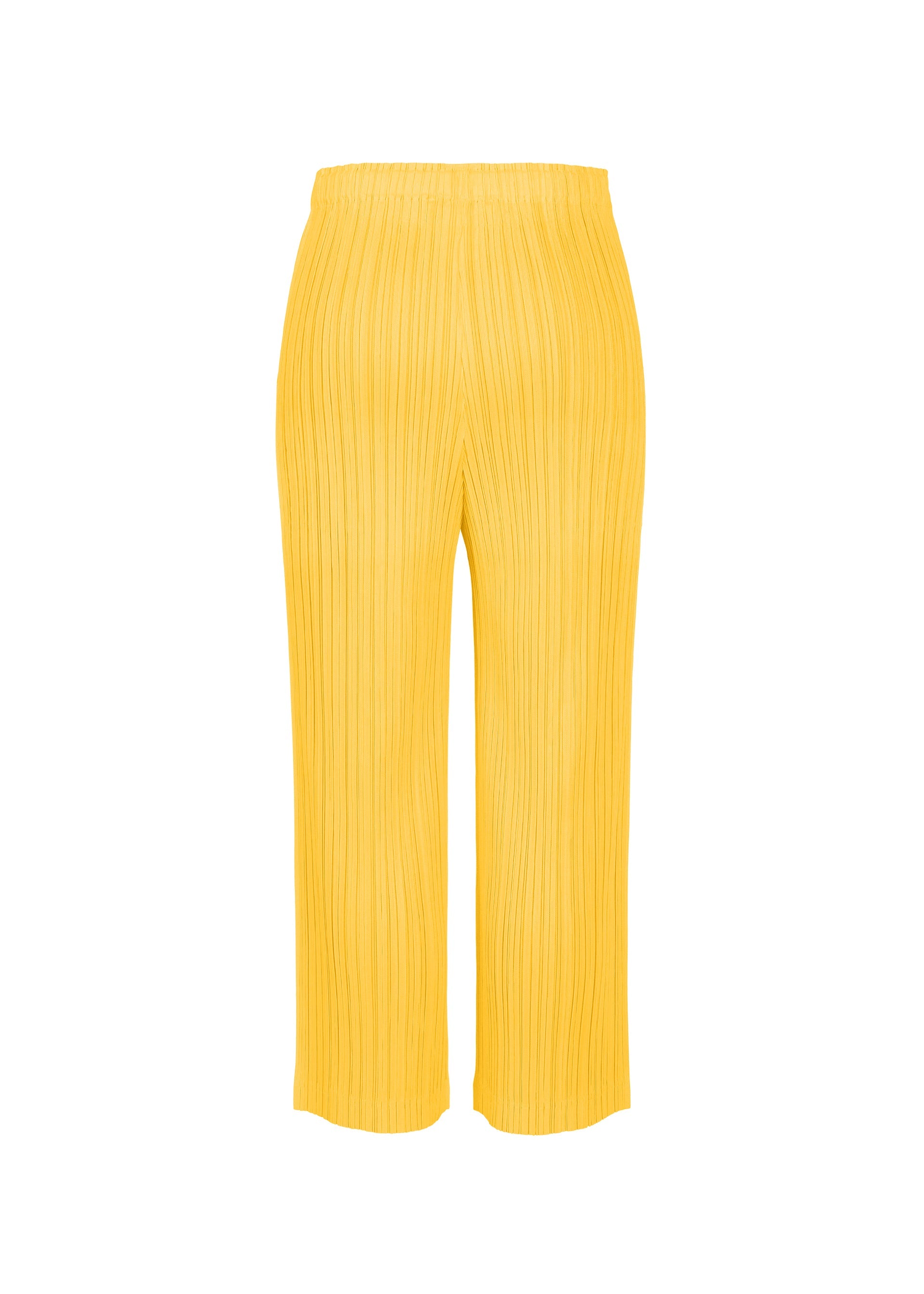 Zoomed view THICKER BOTTOMS 1 by PLEATS PLEASE ISSEY MIYAKE are yellow pleated wide-leg pants made from mid-weight fabric with an elastic waistband, shown against a plain white background.