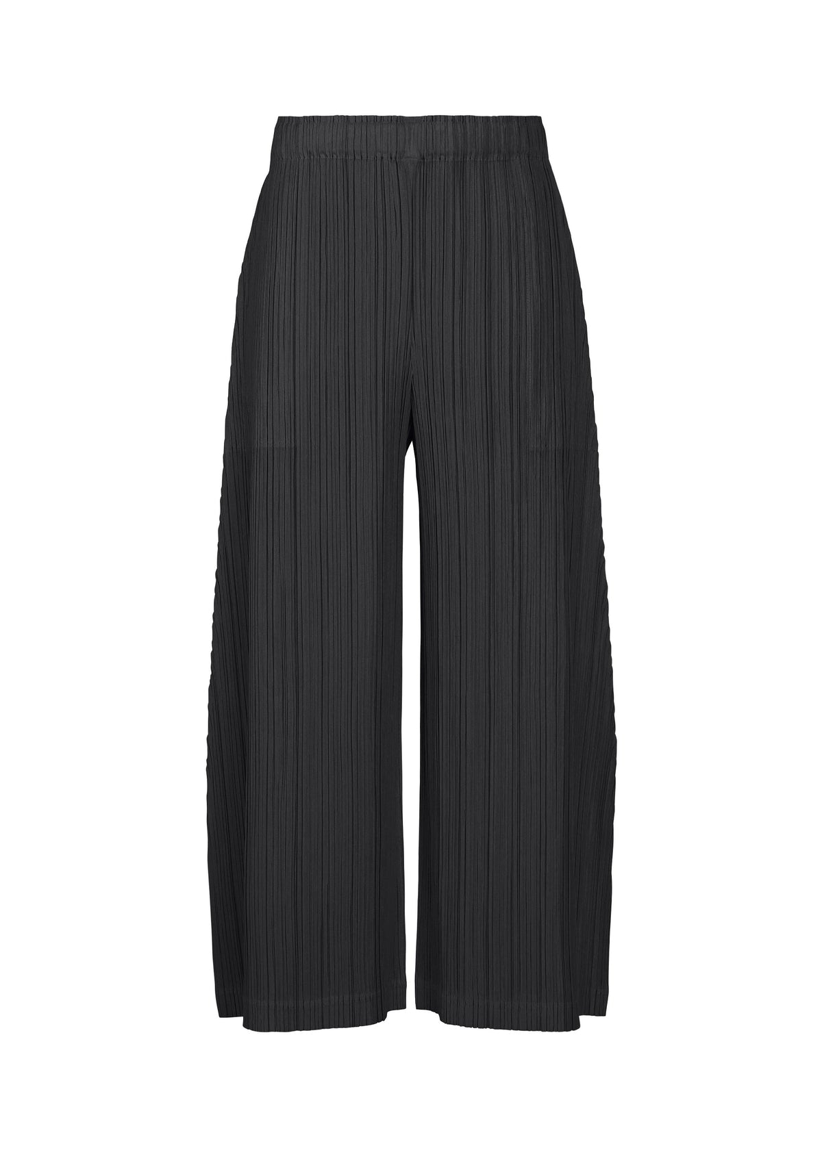 THICKER BOTTOMS 1 by PLEATS PLEASE ISSEY MIYAKE: Black wide-leg cropped pleated pants with an elastic waistband and practical pockets, crafted from thick fabric and shown against a white background. view 1 of 10