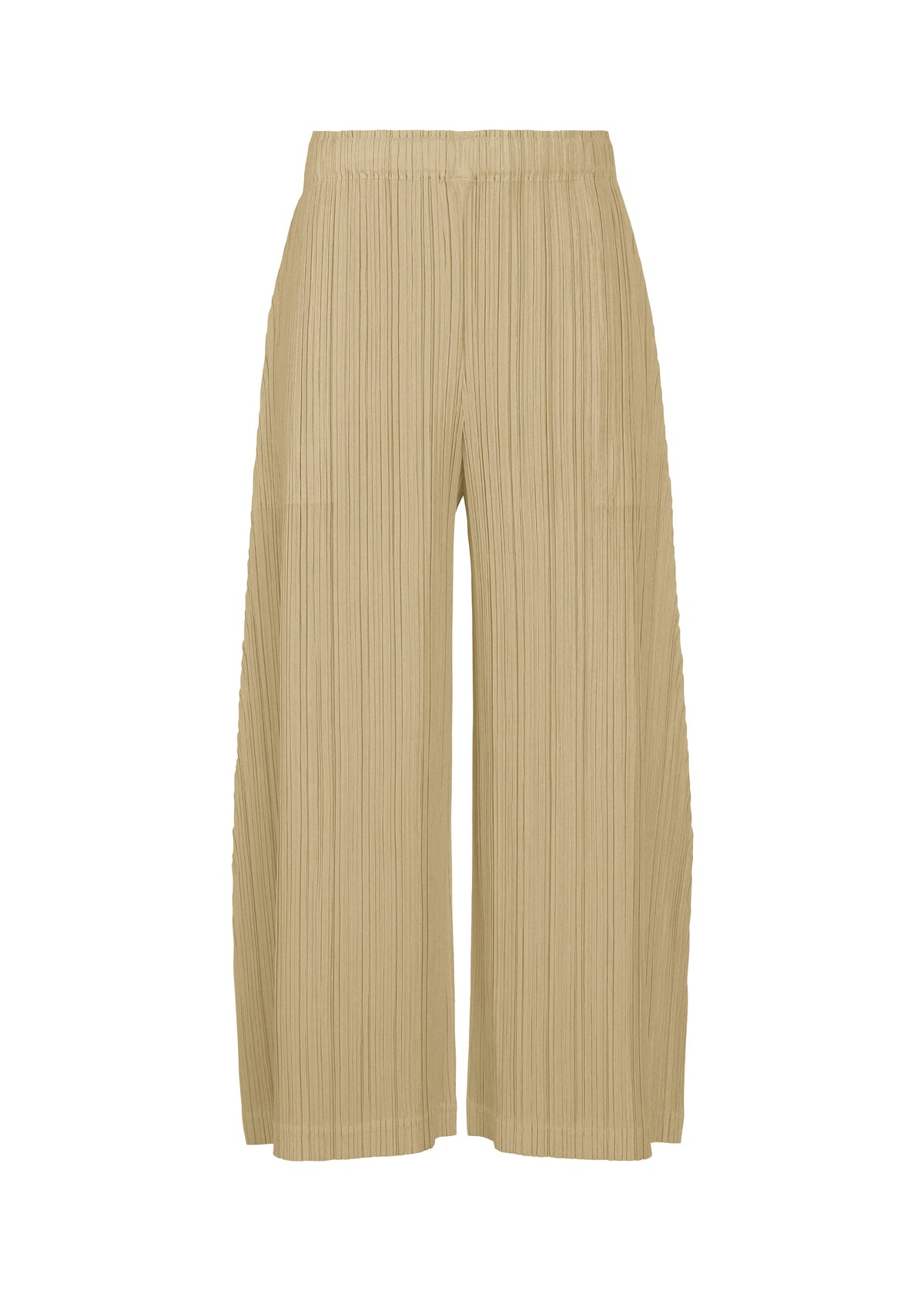 THICKER BOTTOMS 1 by PLEATS PLEASE ISSEY MIYAKE: Beige wide-leg pleated pants with practical pockets and an elastic waistband, made from lightweight fabric, shown against a white background. view 2 of 10