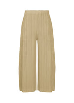 THICKER BOTTOMS 1 by PLEATS PLEASE ISSEY MIYAKE: Beige wide-leg pleated pants with practical pockets and an elastic waistband, made from lightweight fabric, shown against a white background. - SAND BEIGE （no.42）