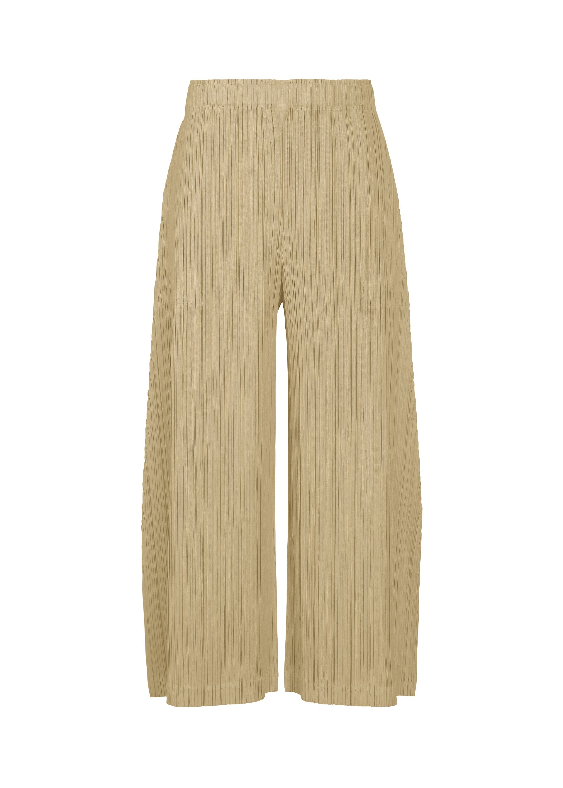 Zoomed view THICKER BOTTOMS 1 by PLEATS PLEASE ISSEY MIYAKE: Beige wide-leg pleated pants with practical pockets and an elastic waistband, made from lightweight fabric, shown against a white background. - SAND BEIGE （no.42）
