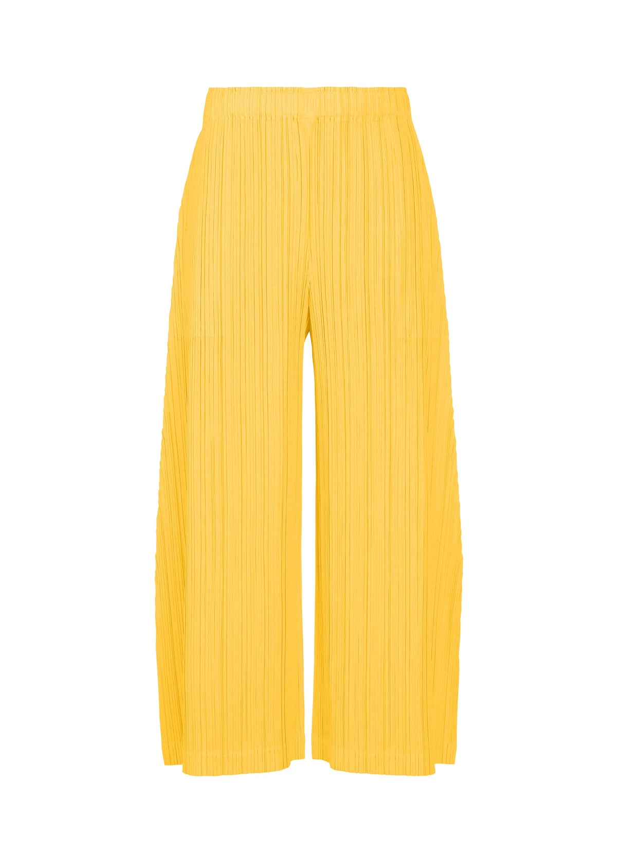 THICKER BOTTOMS 1 by PLEATS PLEASE ISSEY MIYAKE: wide-leg, high-waisted yellow pleated pants made from thick fabric, featuring an elastic waistband and pockets, shown against a white background. view 3 of 10