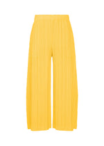 THICKER BOTTOMS 1 by PLEATS PLEASE ISSEY MIYAKE: wide-leg, high-waisted yellow pleated pants made from thick fabric, featuring an elastic waistband and pockets, shown against a white background. - YELLOW （no.52）