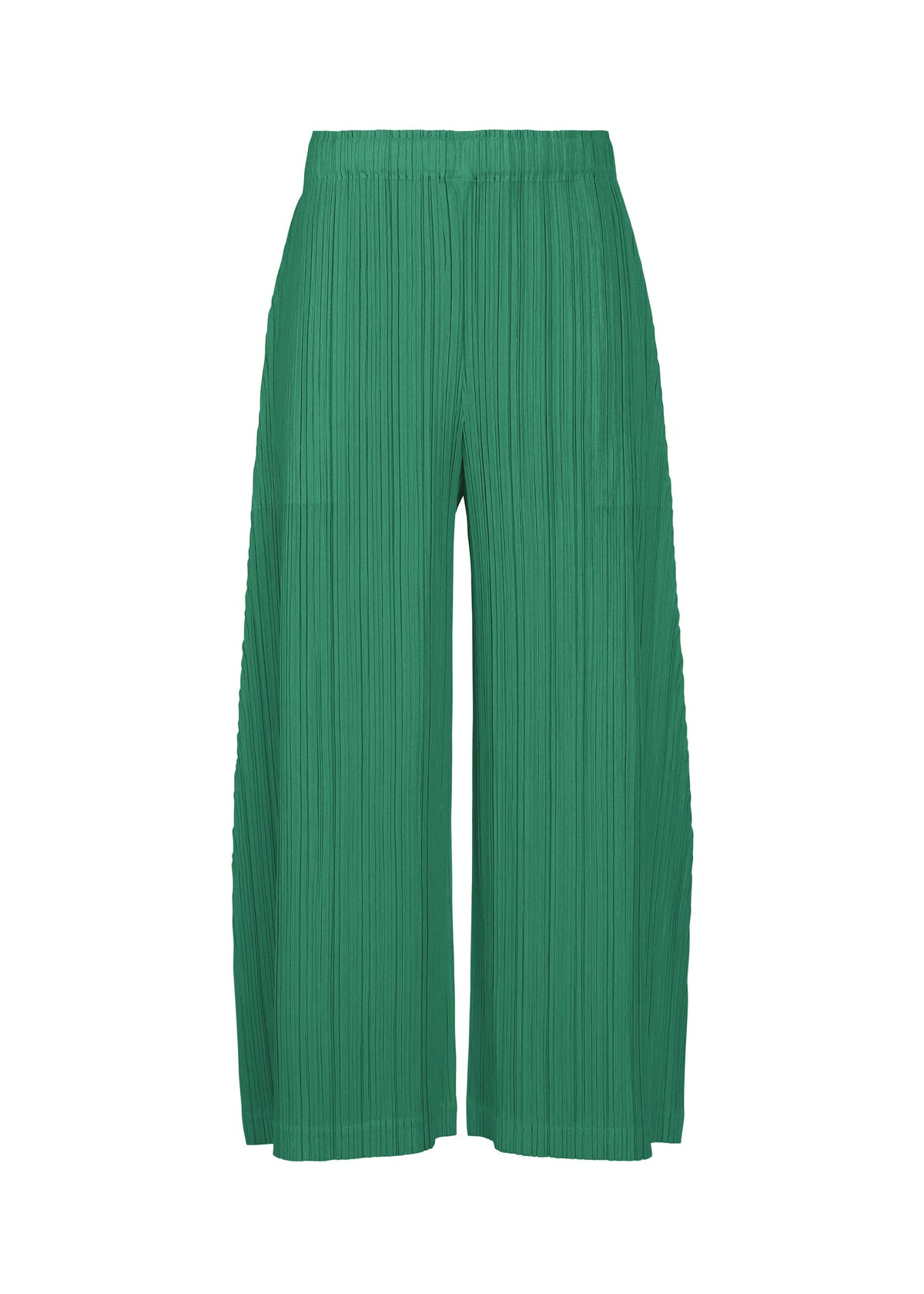 The THICKER BOTTOMS 1 by PLEATS PLEASE ISSEY MIYAKE are green, full-length wide-leg pleated pants with an elastic waistband, straight fit, and pockets, crafted from thick fabric and shown on a white background. view 4 of 10
