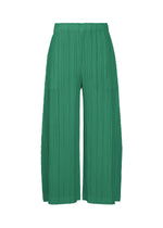 The THICKER BOTTOMS 1 by PLEATS PLEASE ISSEY MIYAKE are green, full-length wide-leg pleated pants with an elastic waistband, straight fit, and pockets, crafted from thick fabric and shown on a white background. - FRESH GREEN （no.67）