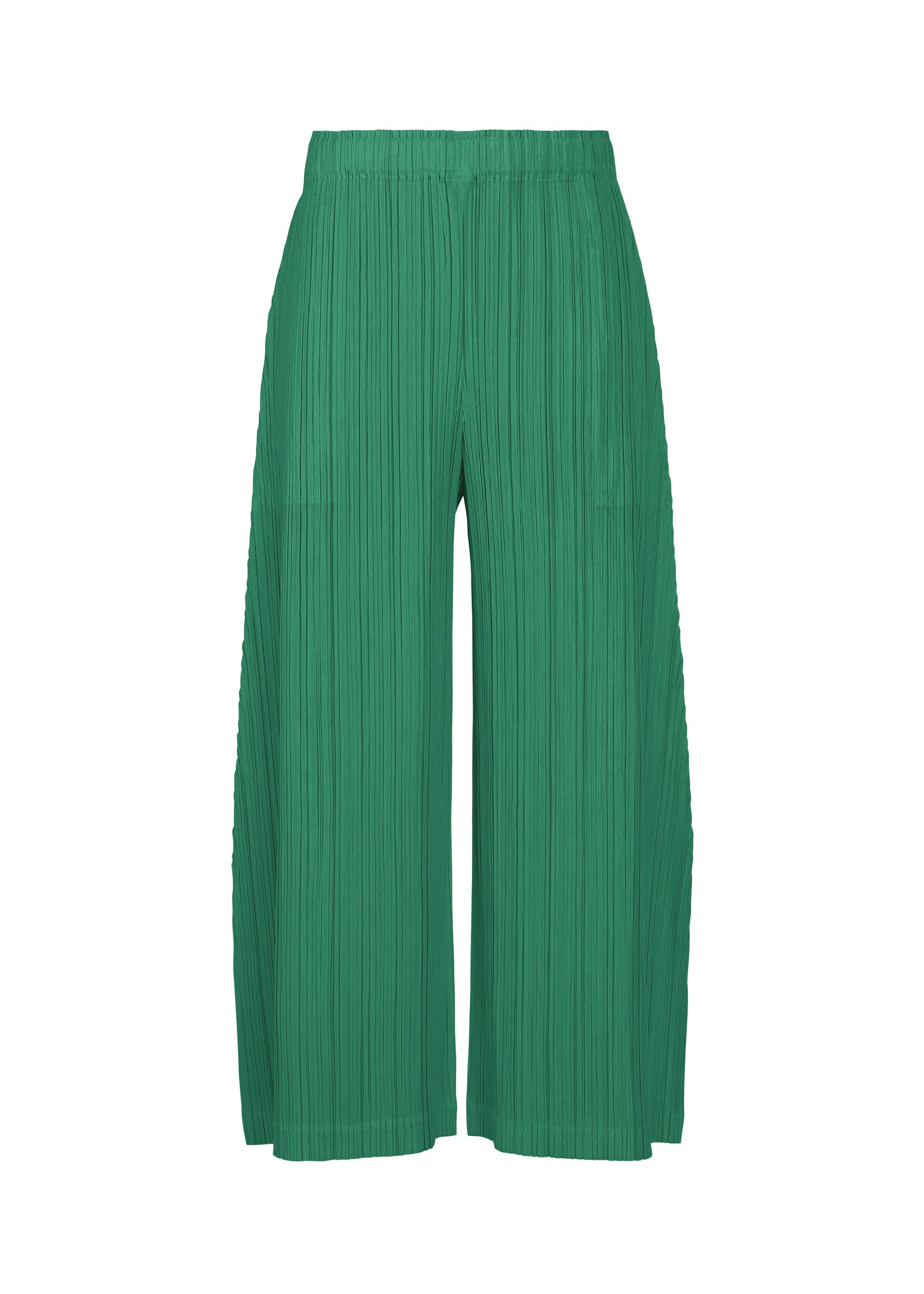 Zoomed view The THICKER BOTTOMS 1 by PLEATS PLEASE ISSEY MIYAKE are green, full-length wide-leg pleated pants with an elastic waistband, straight fit, and pockets, crafted from thick fabric and shown on a white background. - FRESH GREEN （no.67）