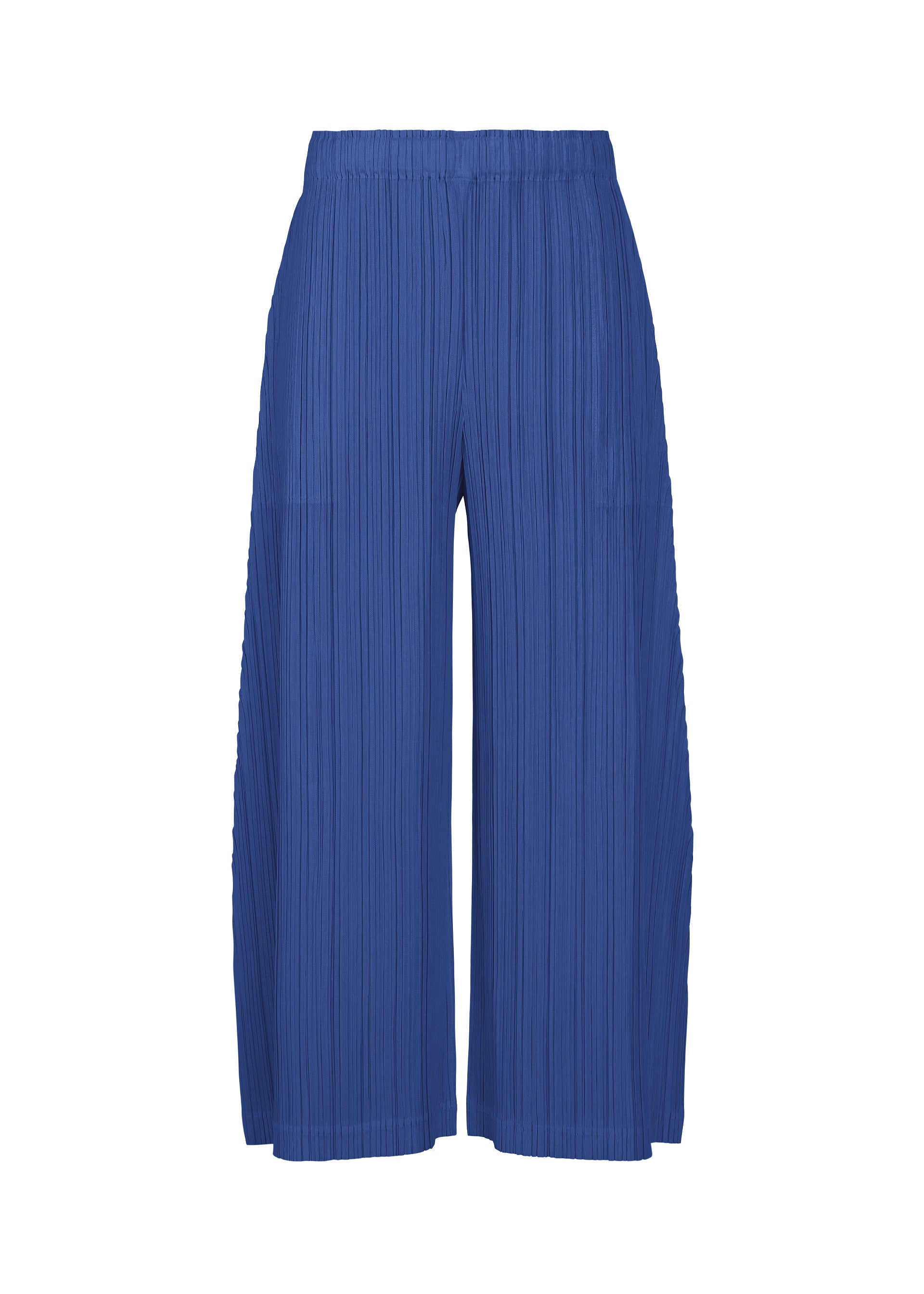 Zoomed view THICKER BOTTOMS 1 by PLEATS PLEASE ISSEY MIYAKE: deep blue, wide-leg, ankle-length pants with a pleated texture, practical pockets, and thick fabric, shown against a white background. - BLUE （no.72）