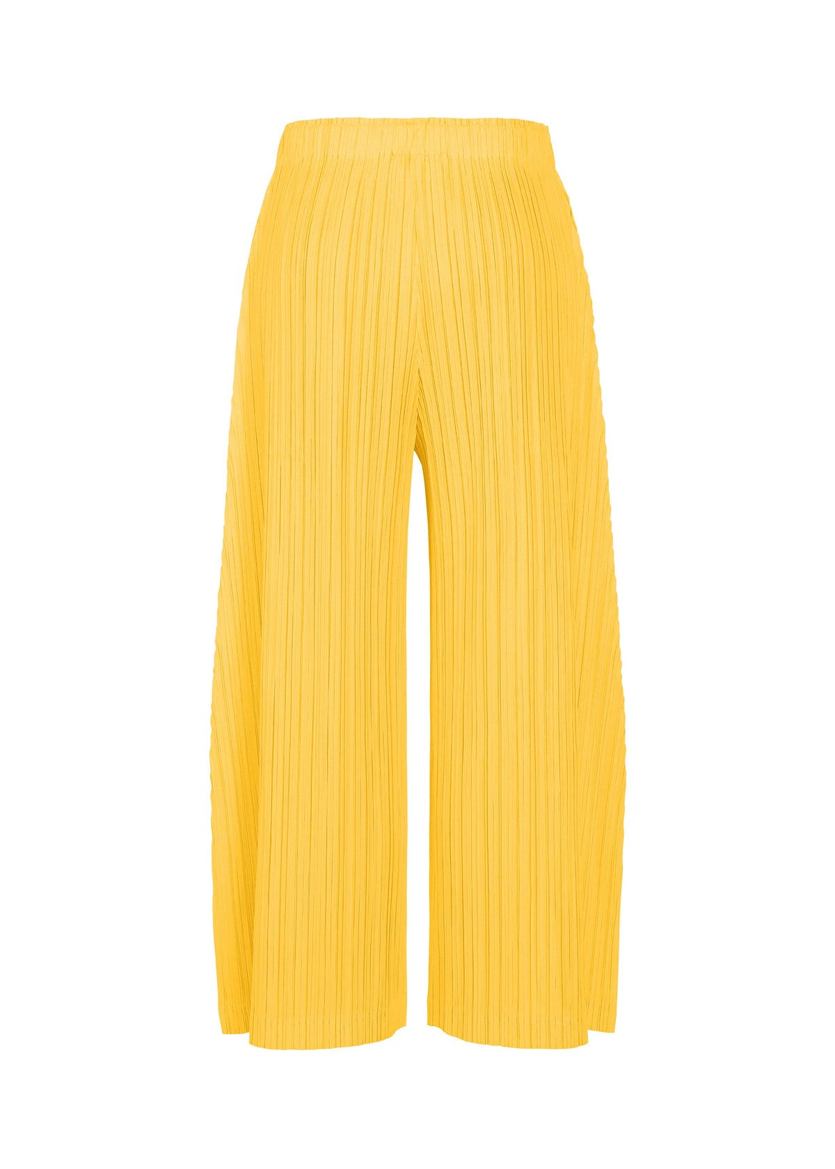 The PLEATS PLEASE ISSEY MIYAKE THICKER BOTTOMS 1 are wide-leg yellow pleated pants with pockets and an elastic waistband, made from thick fabric and shown against a white background. view 6 of 10