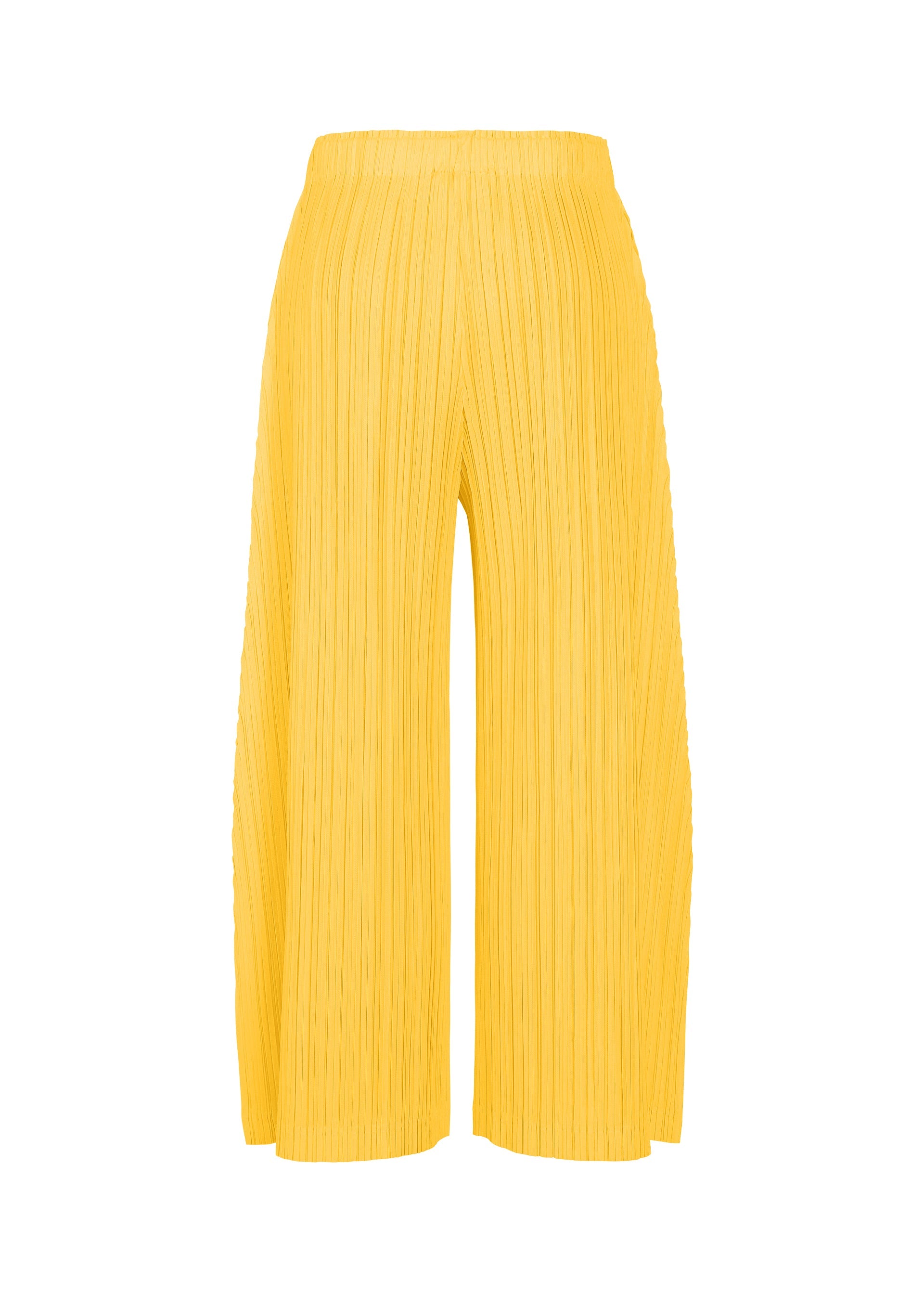 Zoomed view The PLEATS PLEASE ISSEY MIYAKE THICKER BOTTOMS 1 are wide-leg yellow pleated pants with pockets and an elastic waistband, made from thick fabric and shown against a white background.