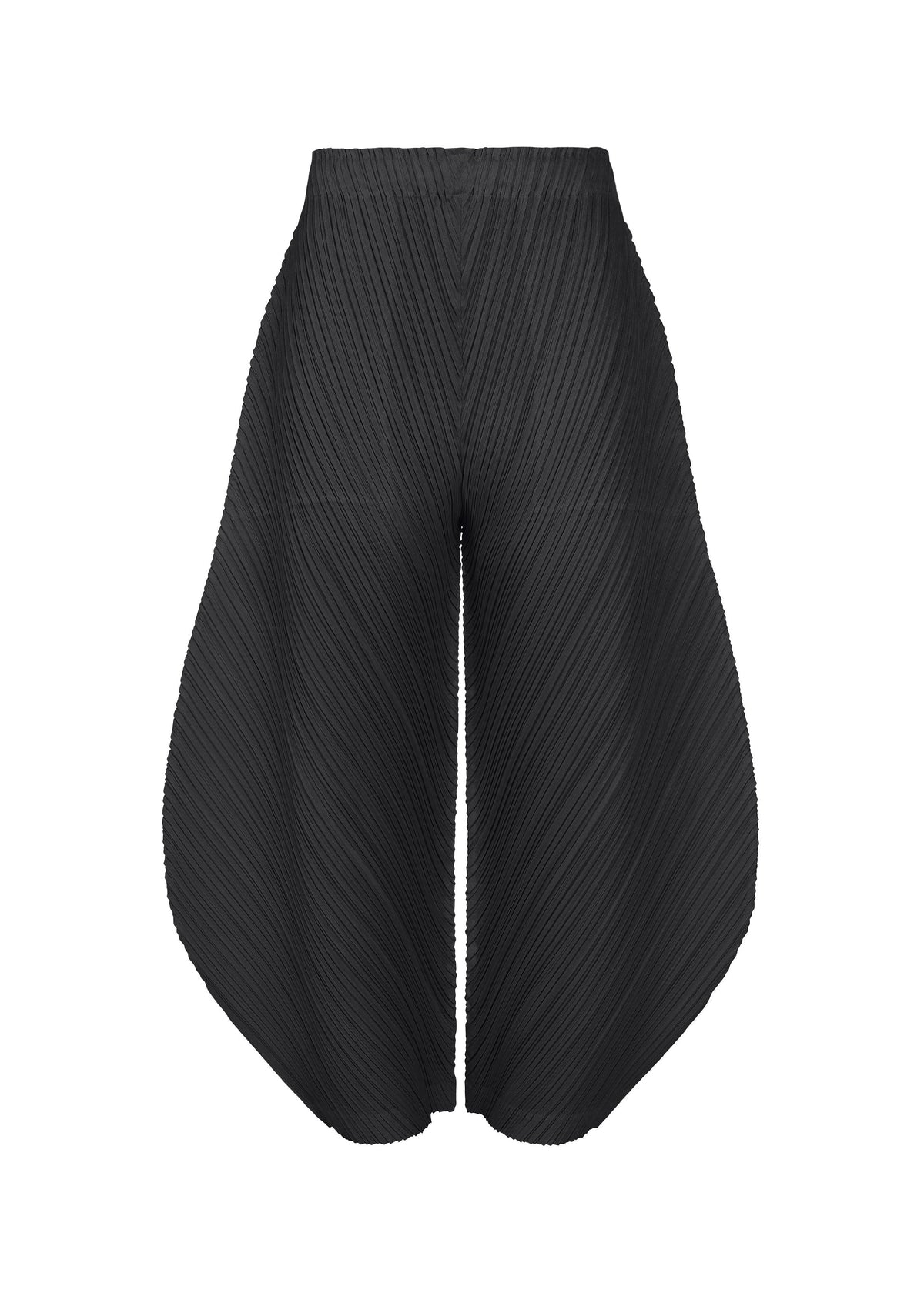 THICKER BOTTOMS 1 by PLEATS PLEASE ISSEY MIYAKE are black high-waisted pleated wide-leg pants with a flared curved silhouette, crafted from thick fabric and featuring pockets, shown against a white background. view 1 of 10