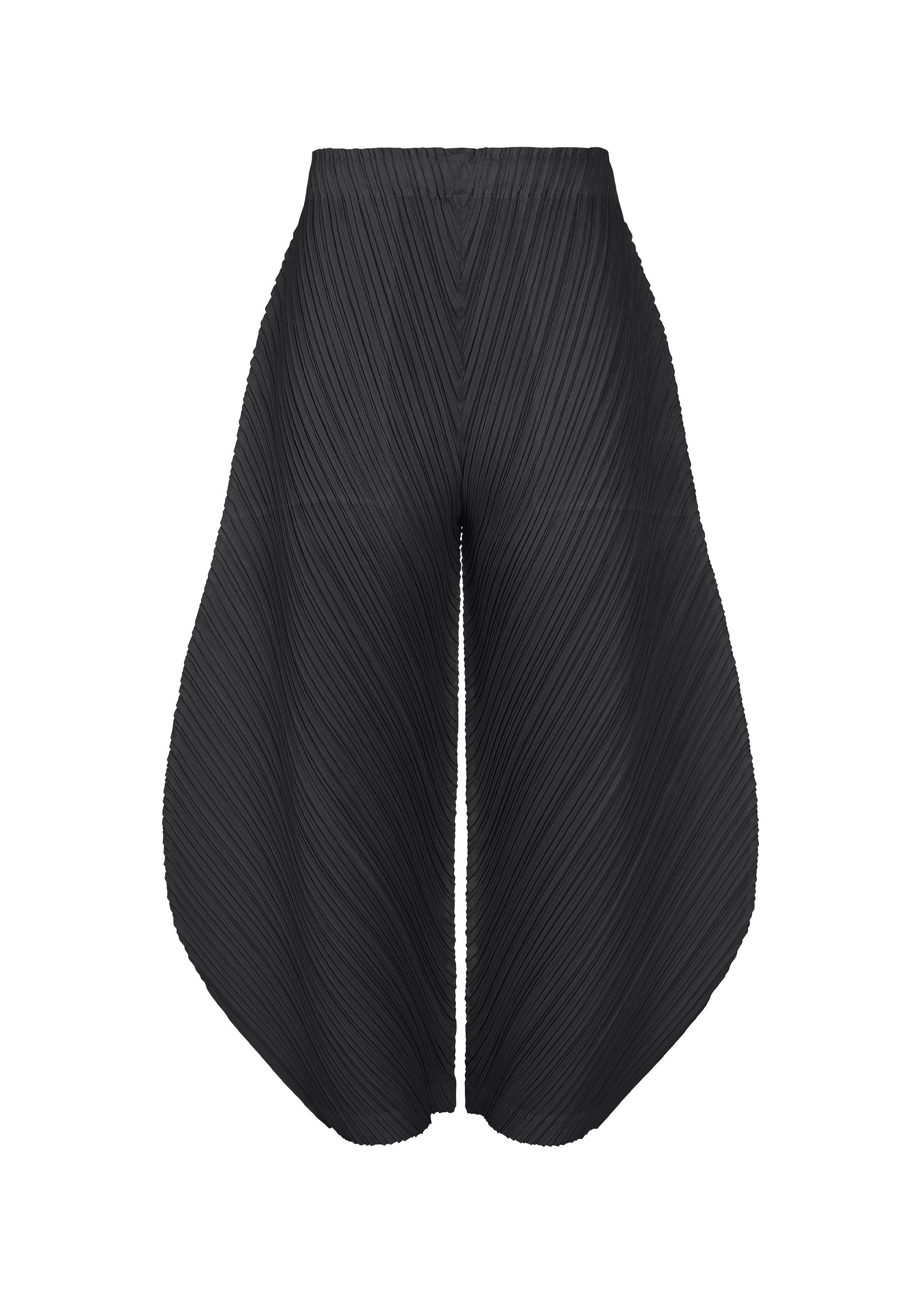 Zoomed view THICKER BOTTOMS 1 by PLEATS PLEASE ISSEY MIYAKE are black high-waisted pleated wide-leg pants with a flared curved silhouette, crafted from thick fabric and featuring pockets, shown against a white background. - BLACK （no.15）