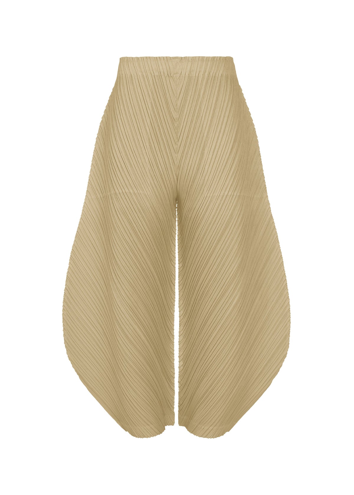 THICKER BOTTOMS 1 by PLEATS PLEASE ISSEY MIYAKE are beige, wide-legged, high-waisted pants with pleats and a sculptural silhouette. Made from thick fabric, the irregular cut features dynamic diagonal lines for a modern look. view 2 of 10