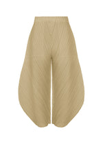 THICKER BOTTOMS 1 by PLEATS PLEASE ISSEY MIYAKE are beige, wide-legged, high-waisted pants with pleats and a sculptural silhouette. Made from thick fabric, the irregular cut features dynamic diagonal lines for a modern look. - SAND BEIGE （no.42）