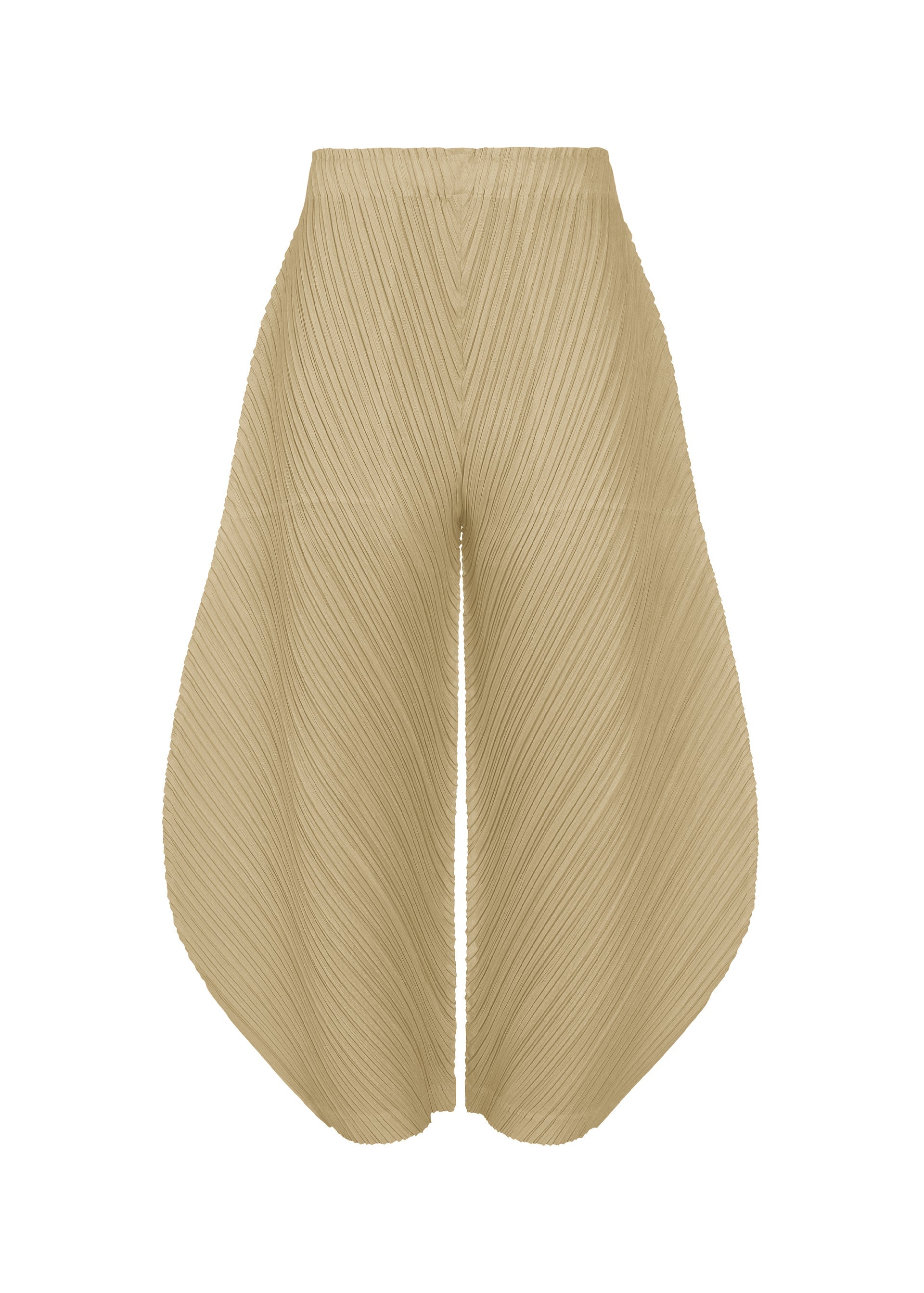 Zoomed view THICKER BOTTOMS 1 by PLEATS PLEASE ISSEY MIYAKE are beige, wide-legged, high-waisted pants with pleats and a sculptural silhouette. Made from thick fabric, the irregular cut features dynamic diagonal lines for a modern look. - SAND BEIGE （no.42）