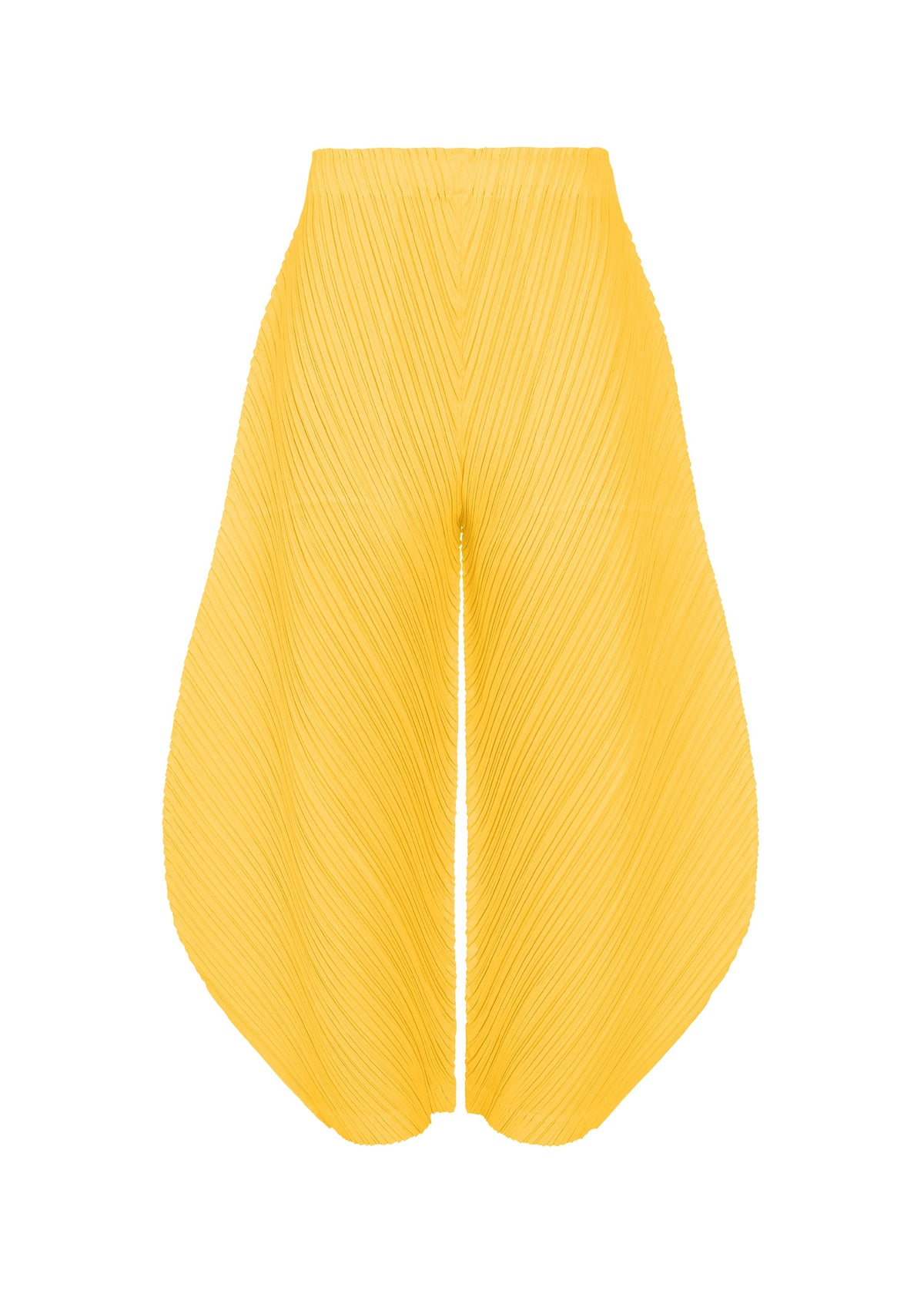 THICKER BOTTOMS 1 by PLEATS PLEASE ISSEY MIYAKE: Wide-leg yellow pants with a high waist, pleated thick fabric, irregular curved legs for a sculptural look, practical pockets. Front view on plain white background. view 3 of 10