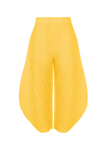 THICKER BOTTOMS 1 by PLEATS PLEASE ISSEY MIYAKE: Wide-leg yellow pants with a high waist, pleated thick fabric, irregular curved legs for a sculptural look, practical pockets. Front view on plain white background. - YELLOW （no.52）