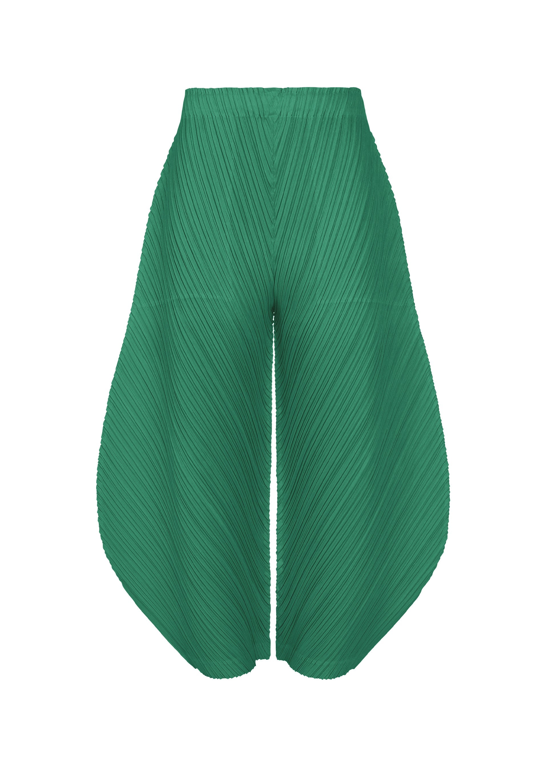 Zoomed view THICKER BOTTOMS 1 by PLEATS PLEASE ISSEY MIYAKE: green, pleated wide-leg pants with a high waist, sculptural curved shape, thick fabric, and practical pockets, shown on a white background. - FRESH GREEN （no.67）