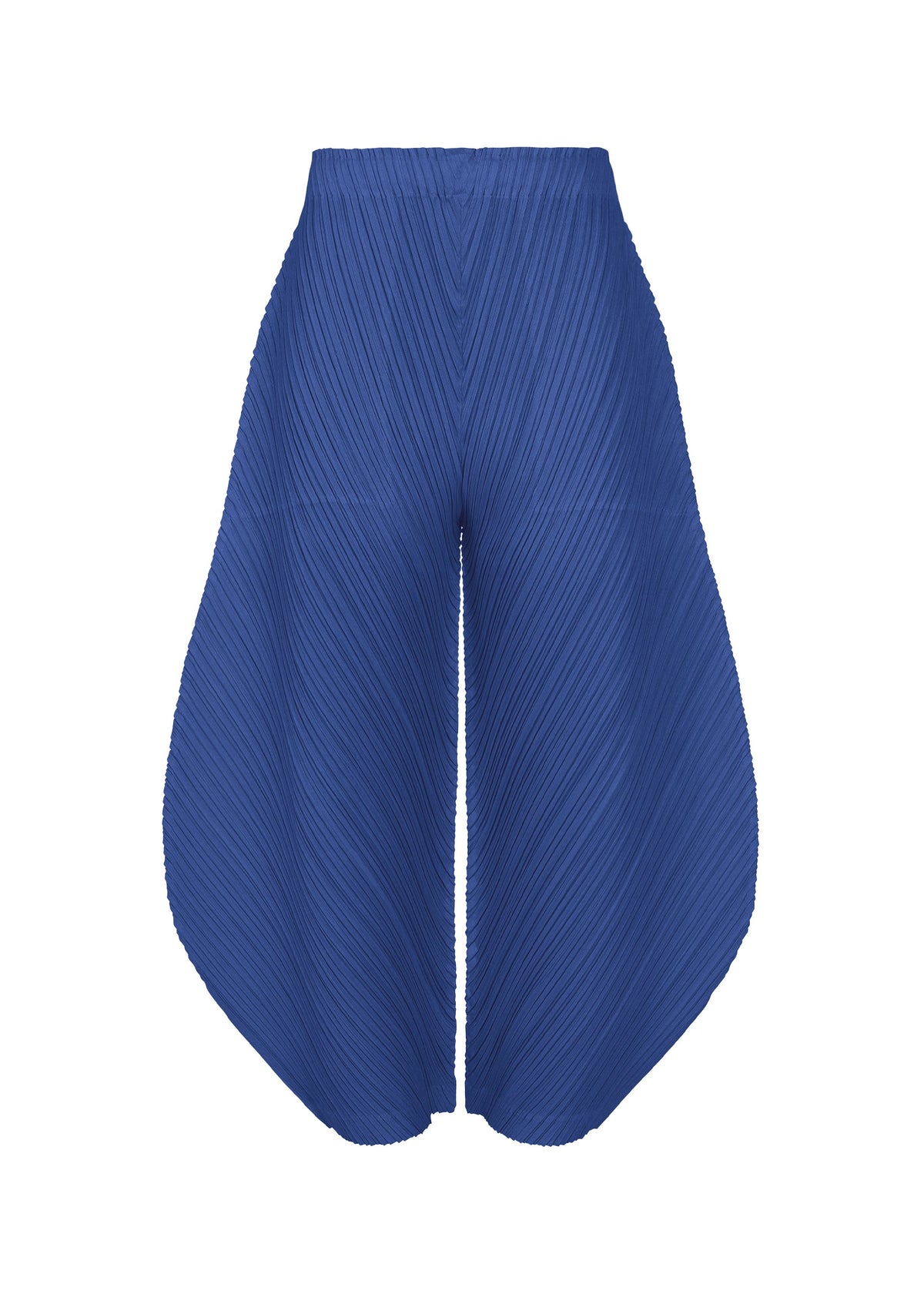THICKER BOTTOMS 1 by PLEATS PLEASE ISSEY MIYAKE: blue pleated wide-leg pants with an exaggerated curved silhouette, high waist, pockets, and diagonal textured lines in thick fabric shown on a white background. view 5 of 10