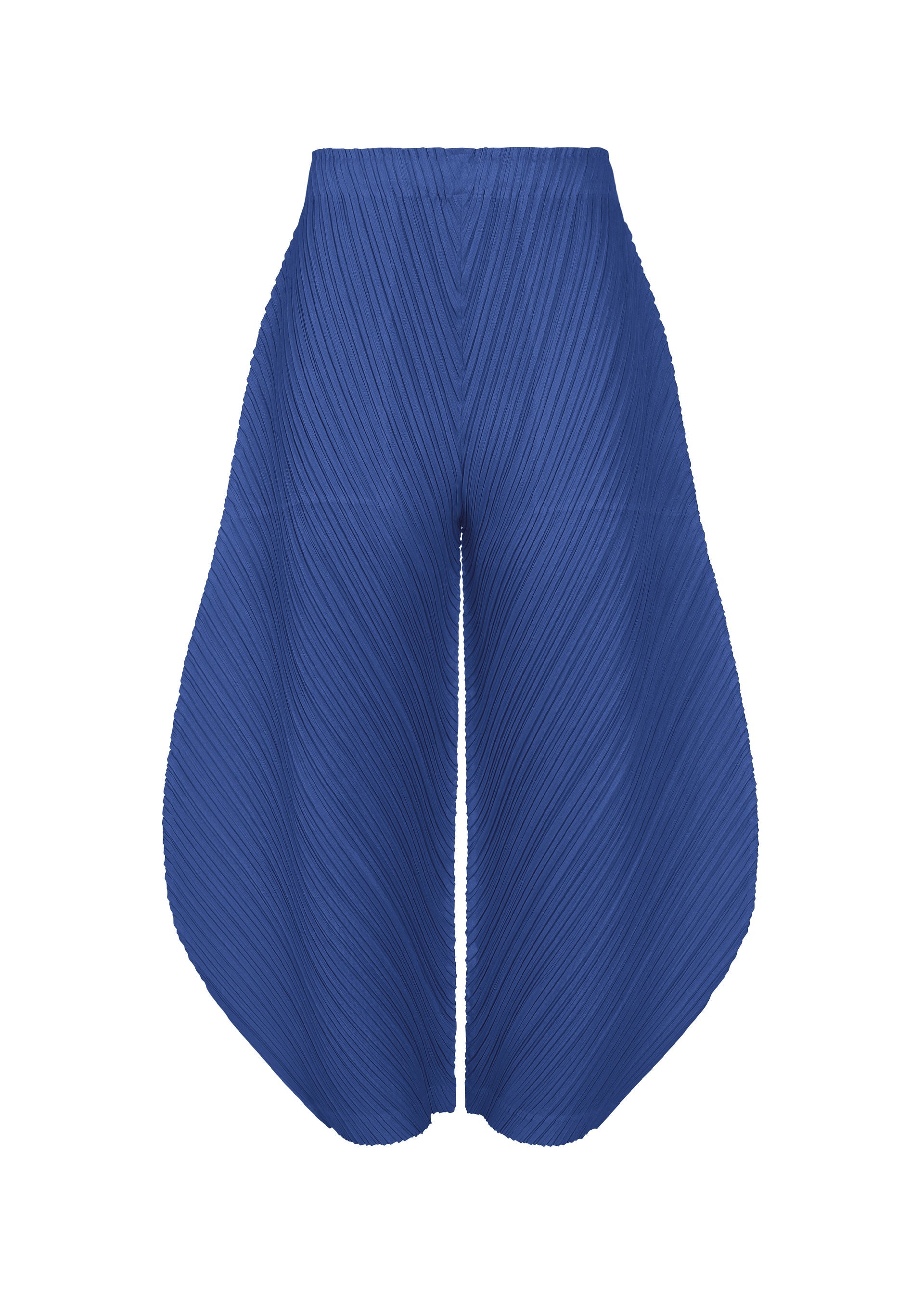 Zoomed view THICKER BOTTOMS 1 by PLEATS PLEASE ISSEY MIYAKE: blue pleated wide-leg pants with an exaggerated curved silhouette, high waist, pockets, and diagonal textured lines in thick fabric shown on a white background. - BLUE （no.72）
