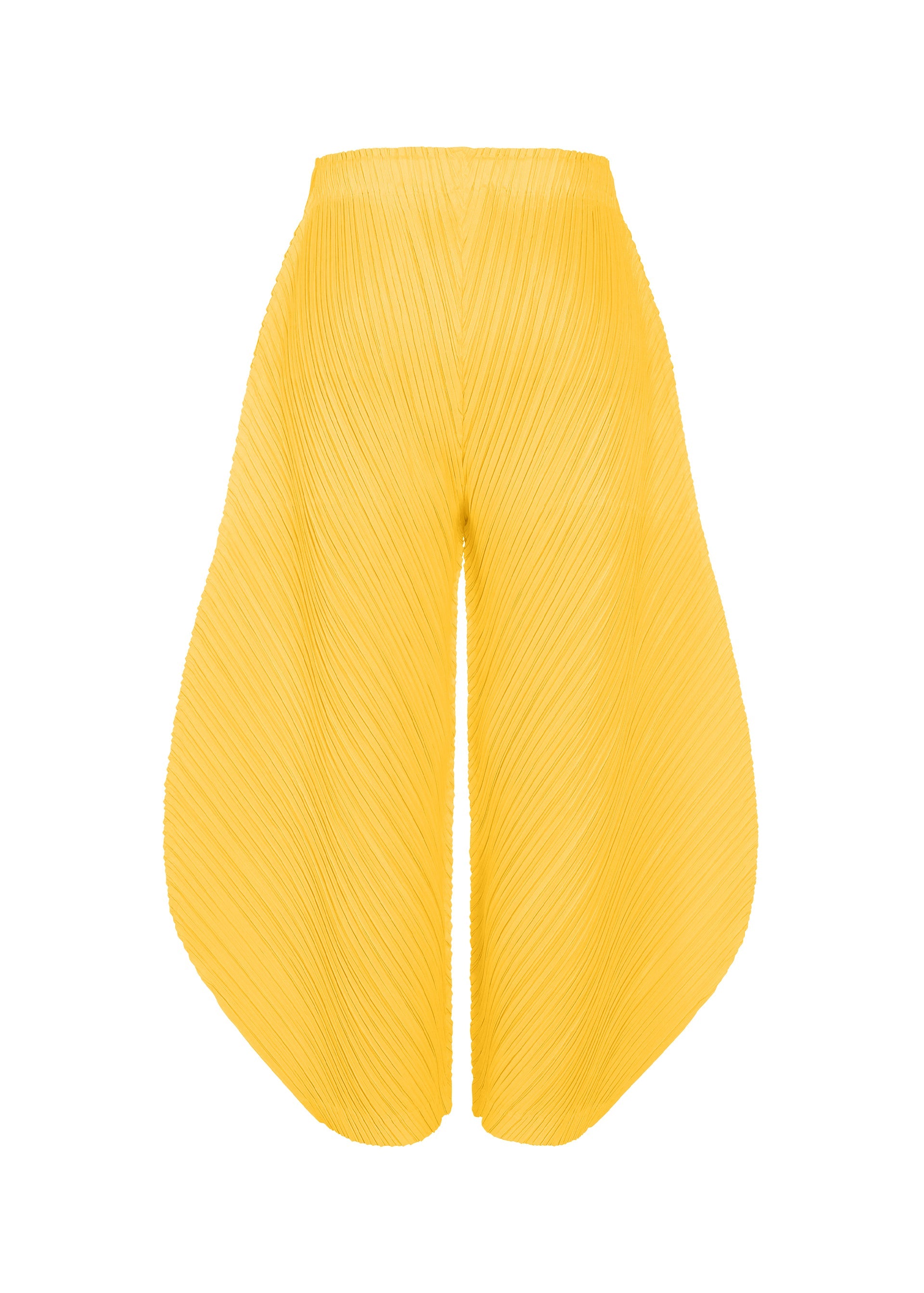 Zoomed view THICKER BOTTOMS 1 by PLEATS PLEASE ISSEY MIYAKE are bright yellow, high-waisted pleated wide-leg pants with a sculptural curved silhouette, made from thick fabric with practical pockets and shown on a white background.