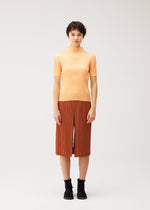 A person stands facing forward, wearing a light orange short-sleeve top and the PLEATS PLEASE ISSEY MIYAKE “THICKER BOTTOMS 2”—a rust-colored knee-length skirt featuring side pockets and a front slit—paired with black shoes, on a plain light background.
