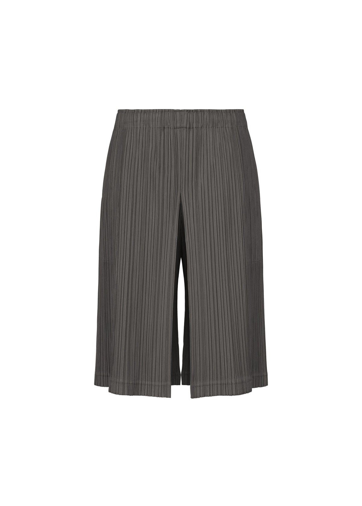 Introducing the PLEATS PLEASE ISSEY MIYAKE THICKER BOTTOMS 2: gray, knee-length pleated shorts crafted from thick fabric with vertical textured lines, featuring a relaxed fit, elastic waistband, and convenient side pockets. Displayed against a white background for a stylish and modern look. view 1 of 8