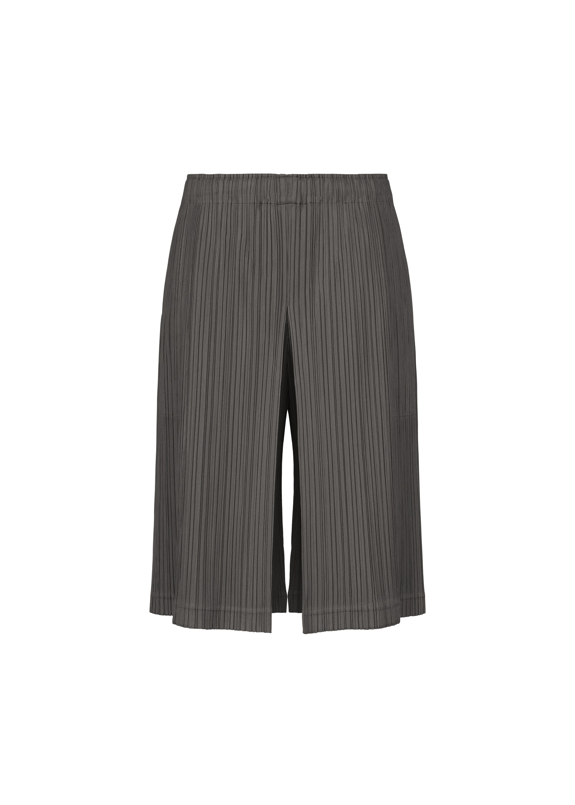 Zoomed view Introducing the PLEATS PLEASE ISSEY MIYAKE THICKER BOTTOMS 2: gray, knee-length pleated shorts crafted from thick fabric with vertical textured lines, featuring a relaxed fit, elastic waistband, and convenient side pockets. Displayed against a white background for a stylish and modern look. - CHARCOAL （no.17）