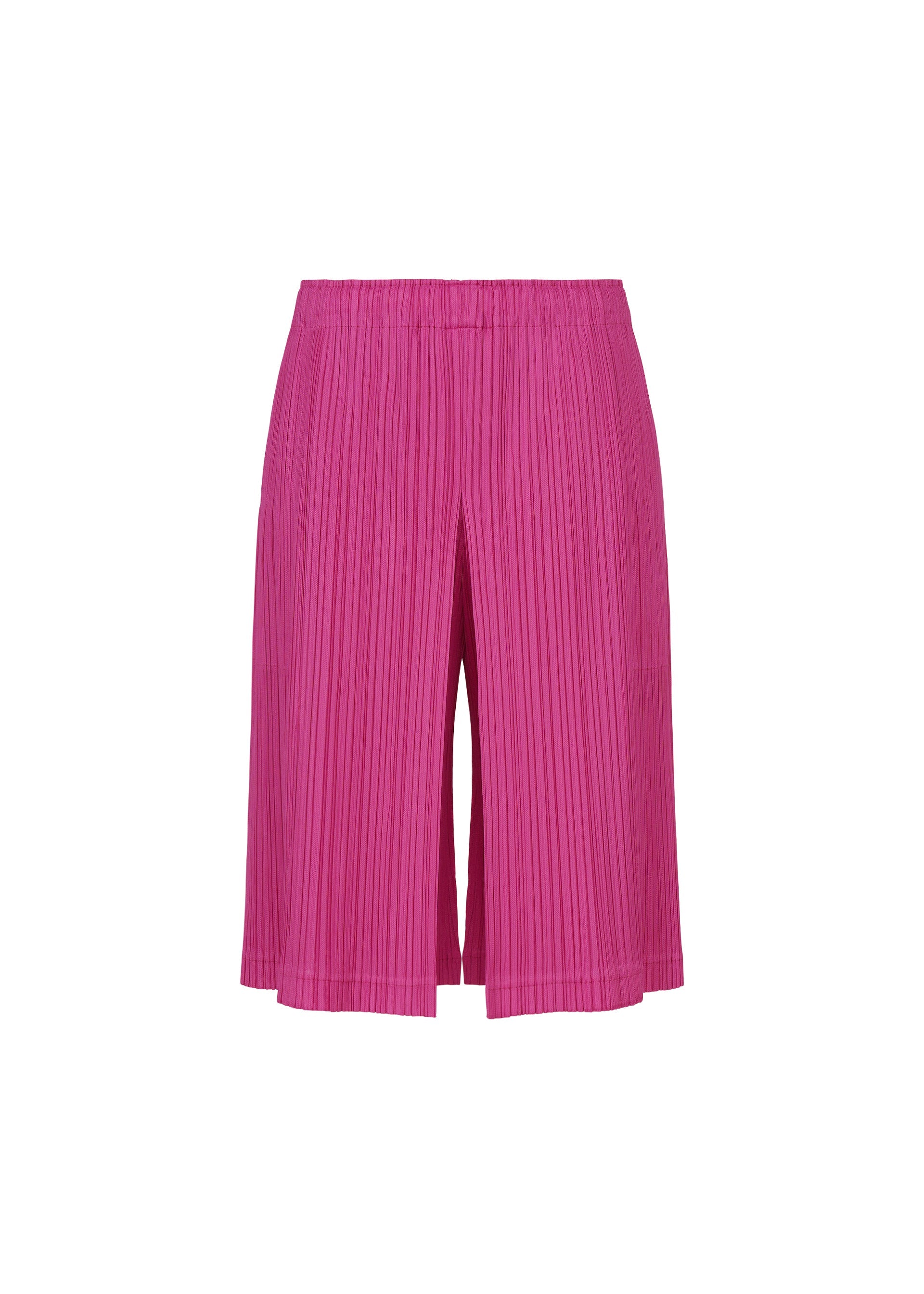 Zoomed view THICKER BOTTOMS 2 by PLEATS PLEASE ISSEY MIYAKE are high-waisted, knee-length pleated shorts in bright pink, crafted from thick fabric with convenient side pockets and shown against a white background. - MAGENTA （no.29）